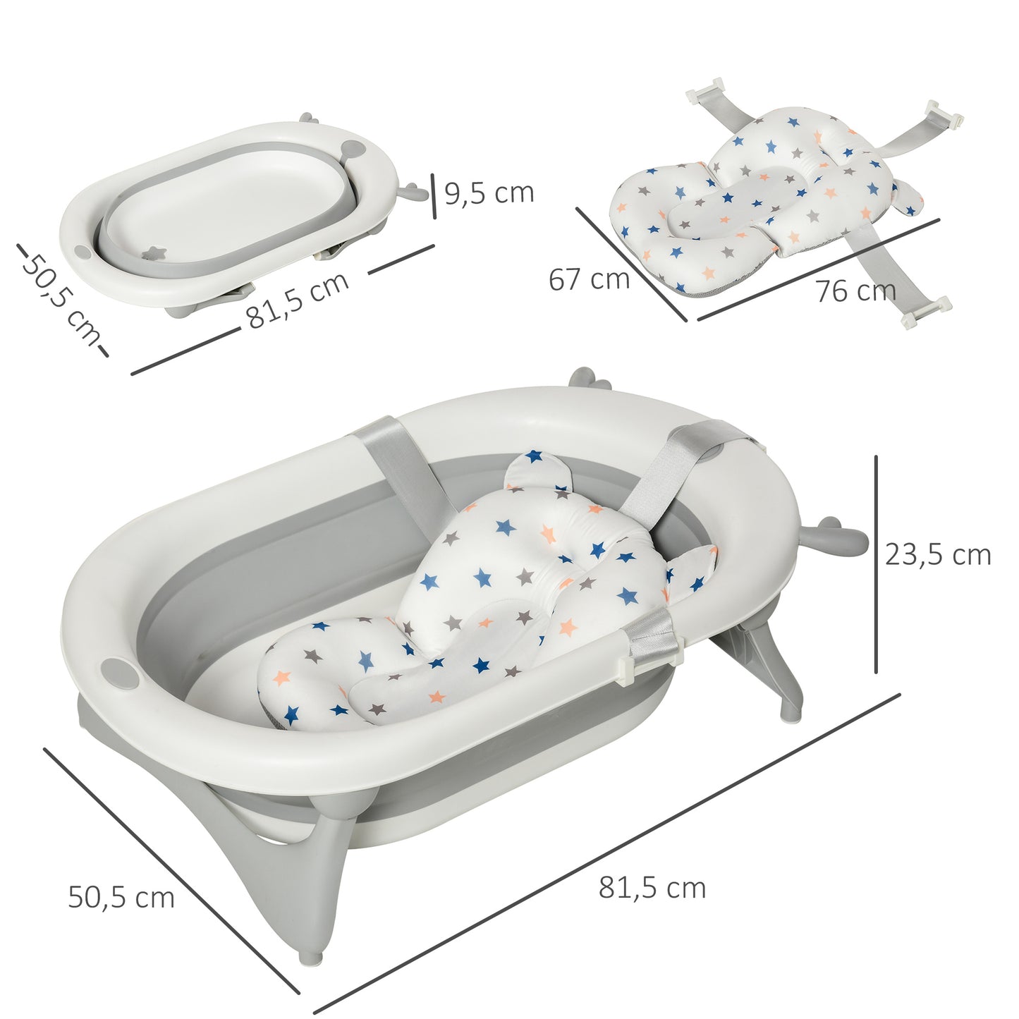 HOMCOM Bañera Plegable para Bebé Recién Nacido hasta 3 Años 81,5x50,5x23,5 cm con Tapón Termosensible Cojín y Almohadillas Antideslizantes Gris