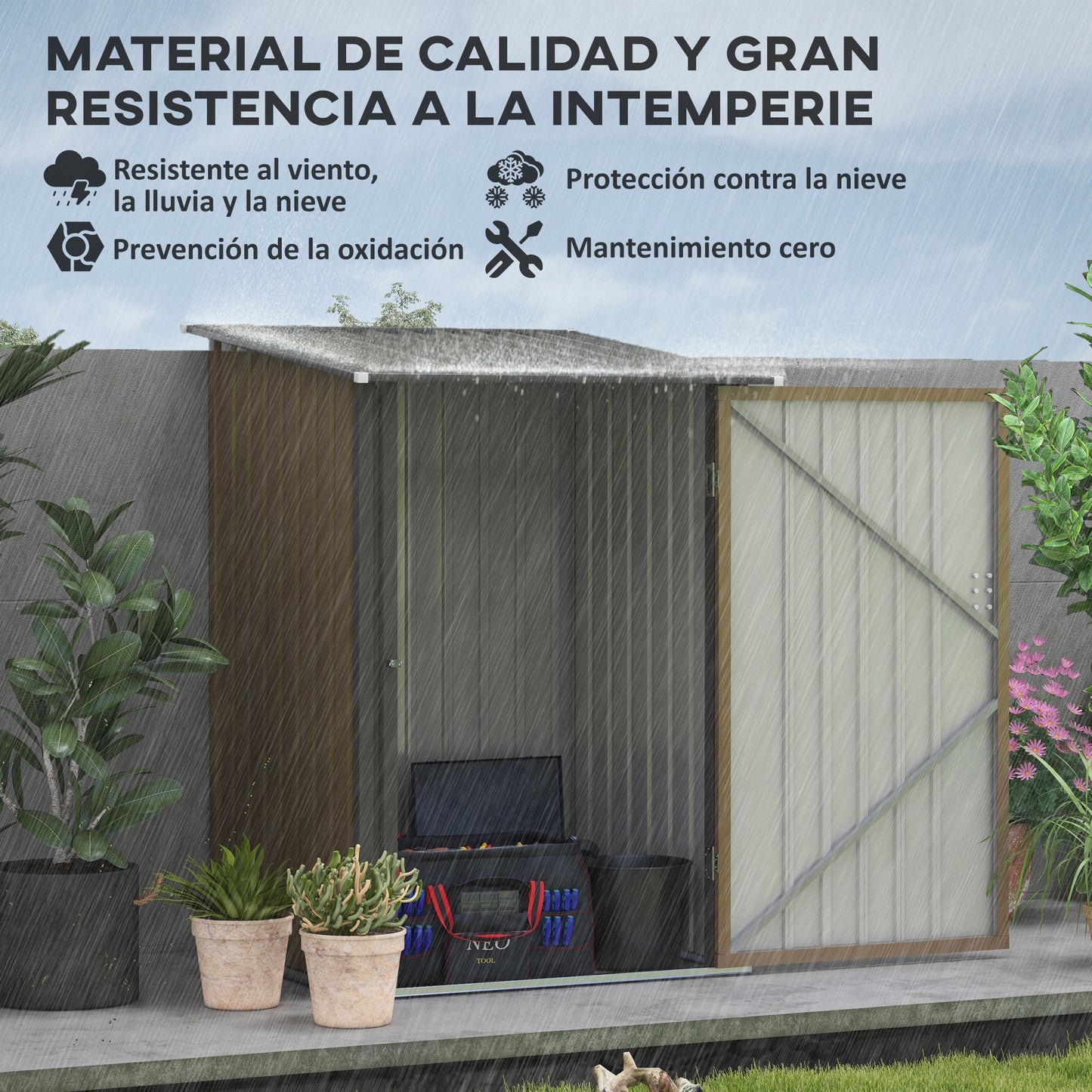 Outsunny Cobertizo de Jardín de Exterior 0,92 m² 100x103x160 cm Caseta de Jardín Metálica con 1 Puerta y Cerradura para Almacenamiento de Herramientas en Patio Terraza Marrón