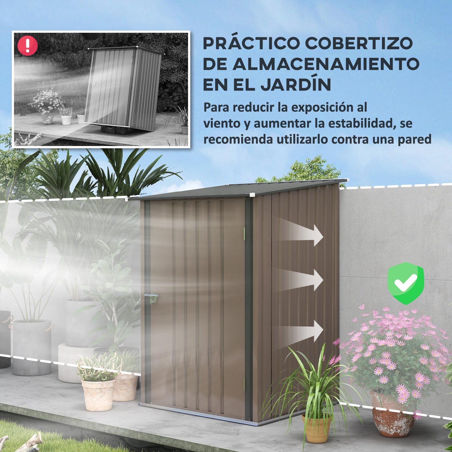 Outsunny Cobertizo de Jardín de Exterior 0,92 m² 100x103x160 cm Caseta de Jardín Metálica con 1 Puerta y Cerradura para Almacenamiento de Herramientas en Patio Terraza Marrón