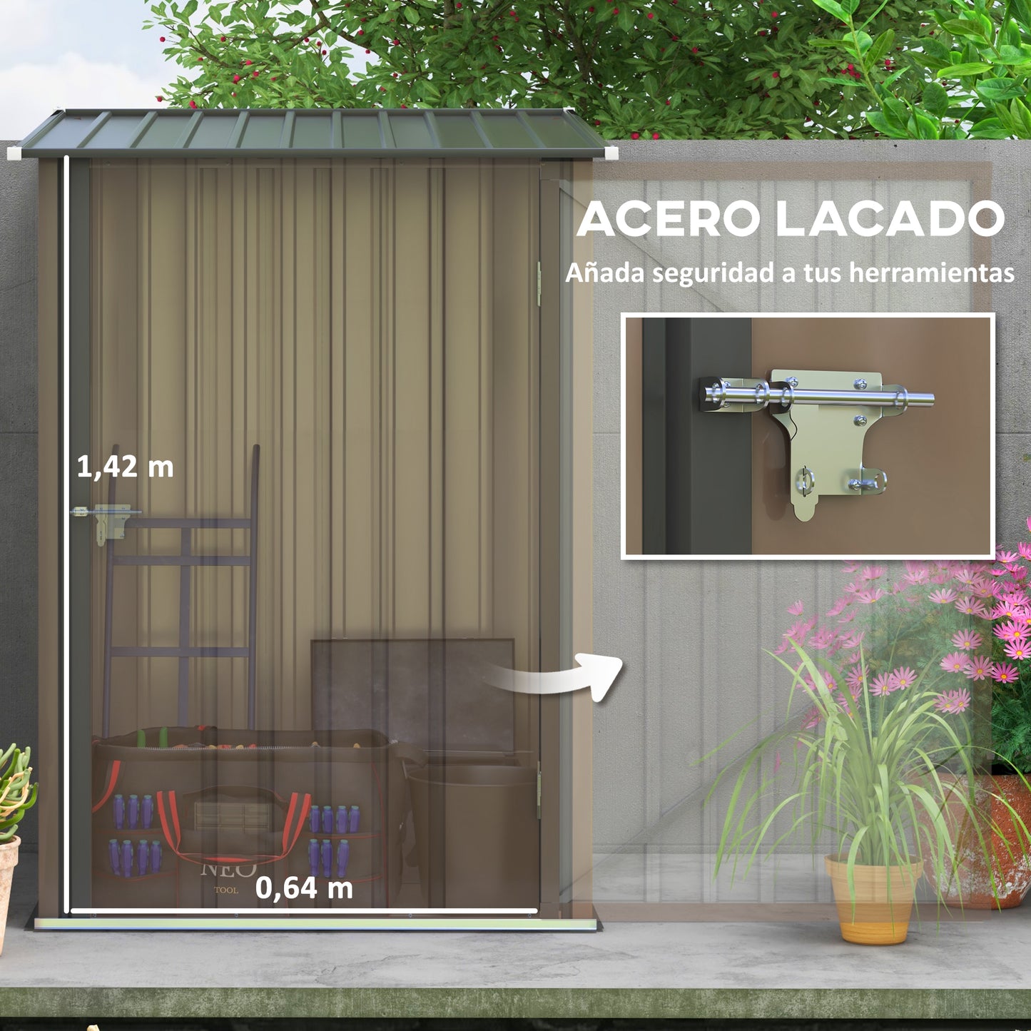 Outsunny Cobertizo de Jardín de Exterior 0,92 m² 100x103x160 cm Caseta de Jardín Metálica con 1 Puerta y Cerradura para Almacenamiento de Herramientas en Patio Terraza Marrón