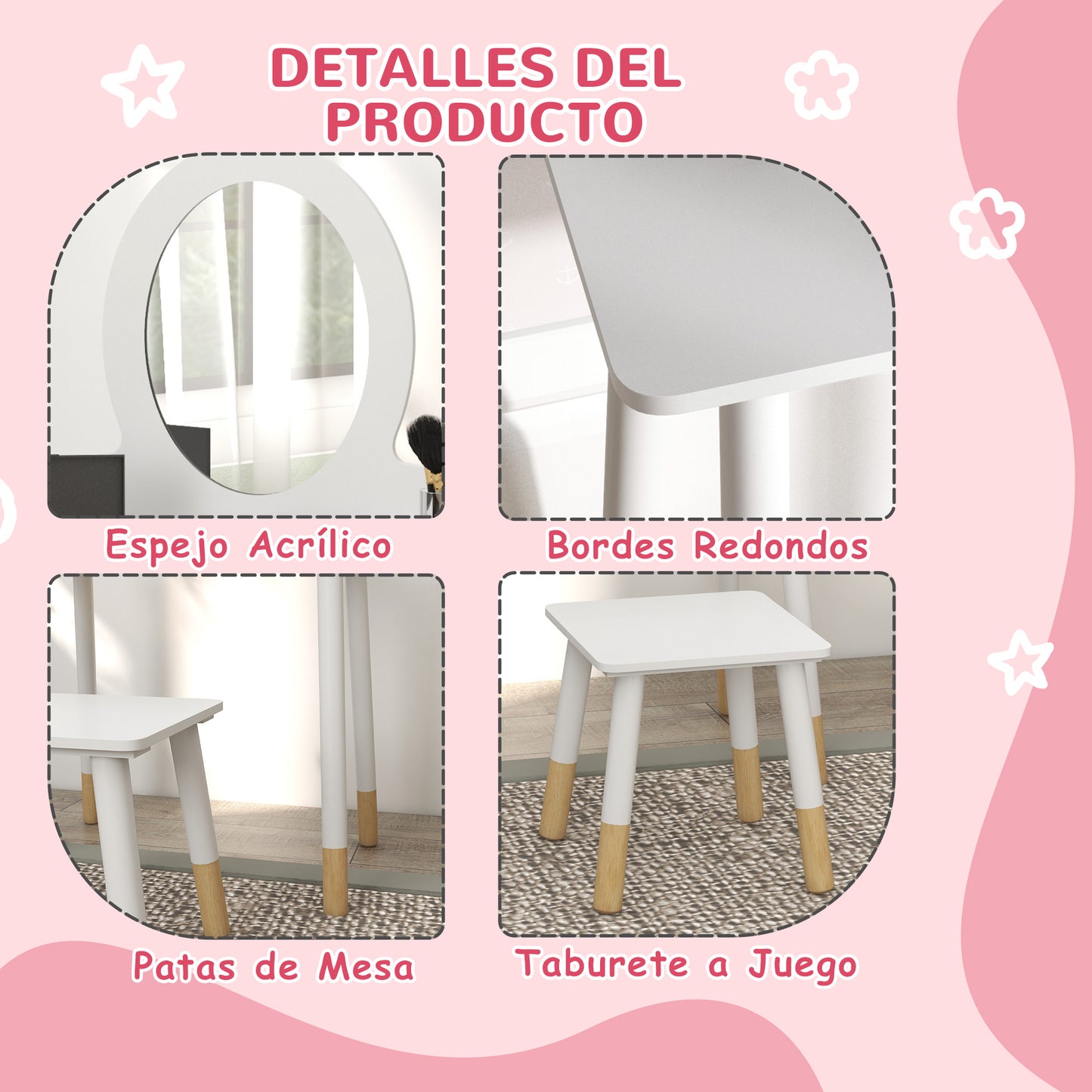 AIYAPLAY Tocador para Niñas con Taburete Tocador de Maquillaje para Niñas de +3 Años Tocador Infantil con Espejo Diseño Sencillo Blanco