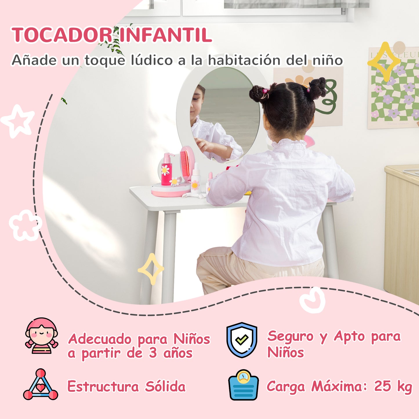 AIYAPLAY Tocador para Niñas con Taburete Tocador de Maquillaje para Niñas de +3 Años Tocador Infantil con Espejo Diseño Sencillo Blanco