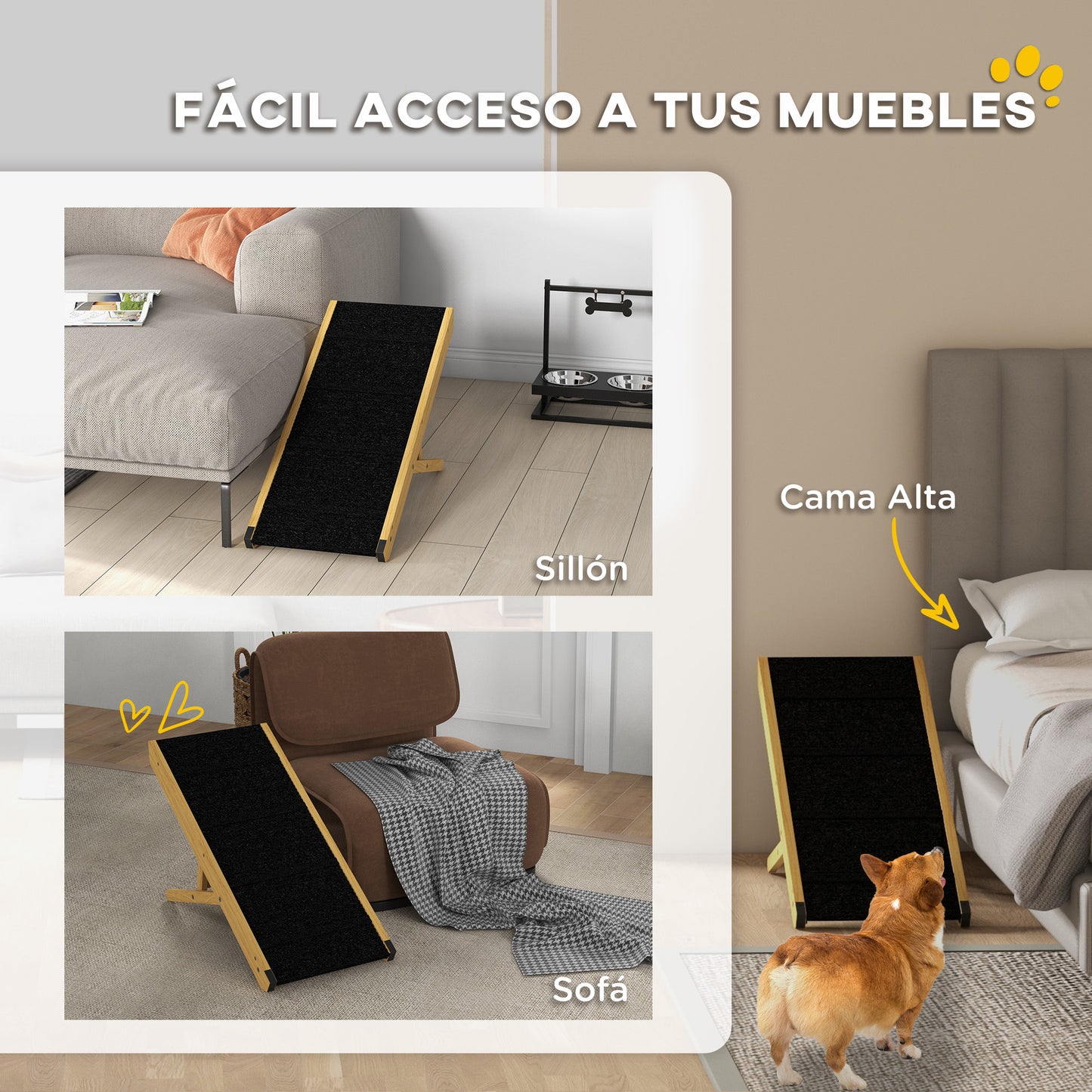 PawHut Rampa para Perros Plegable Rampa para Mascotas de Madera con Altura Ajustable en 4 Niveles para Perros Pequeños y Medianos 83,5x35x47,5 cm Natural