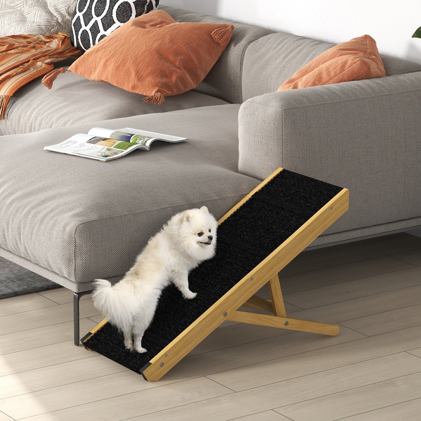 PawHut Rampa para Perros Plegable Rampa para Mascotas de Madera con Altura Ajustable en 4 Niveles para Perros Pequeños y Medianos 83,5x35x47,5 cm Natural