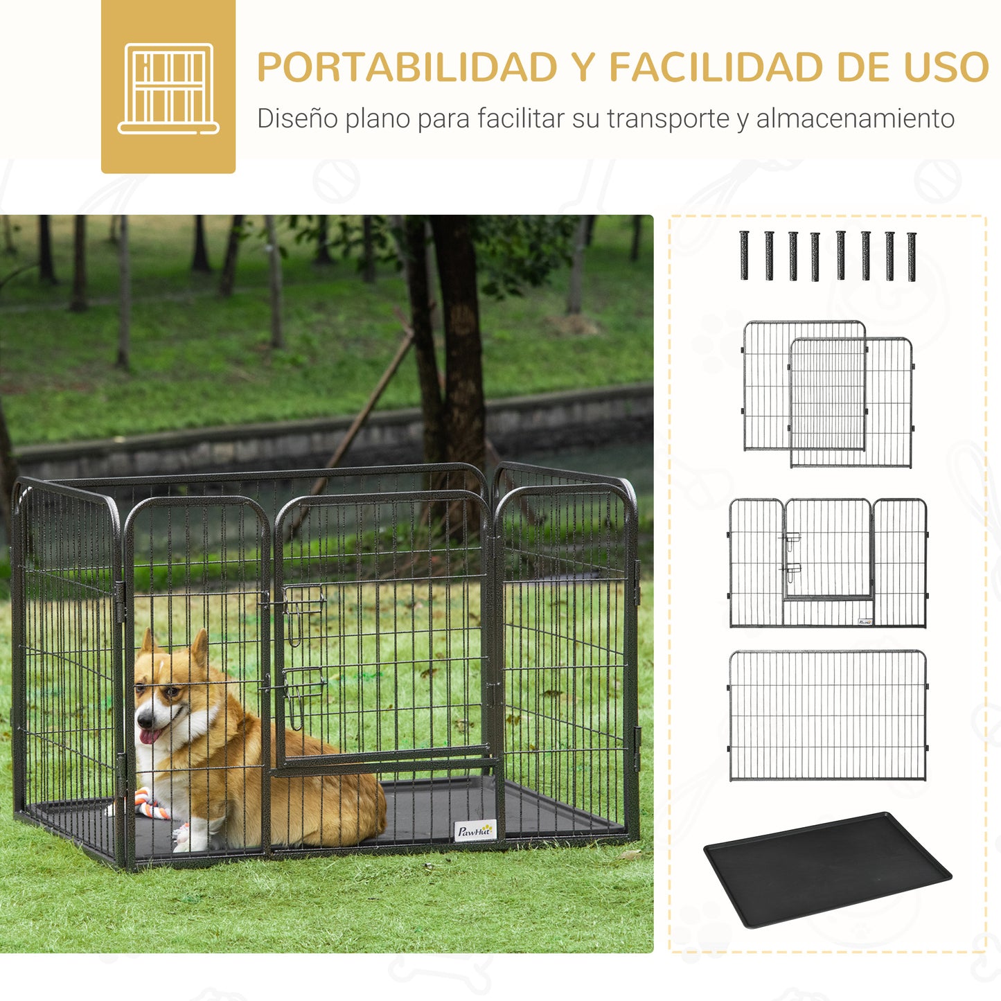 PawHut Parque para Mascotas Rectangular Parque de Juegos para Mascotas 4 Paneles de Acero 109x74x71 cm con Puerta de Doble Pestillo y Bandeja Extraíble para Exterior e Interior