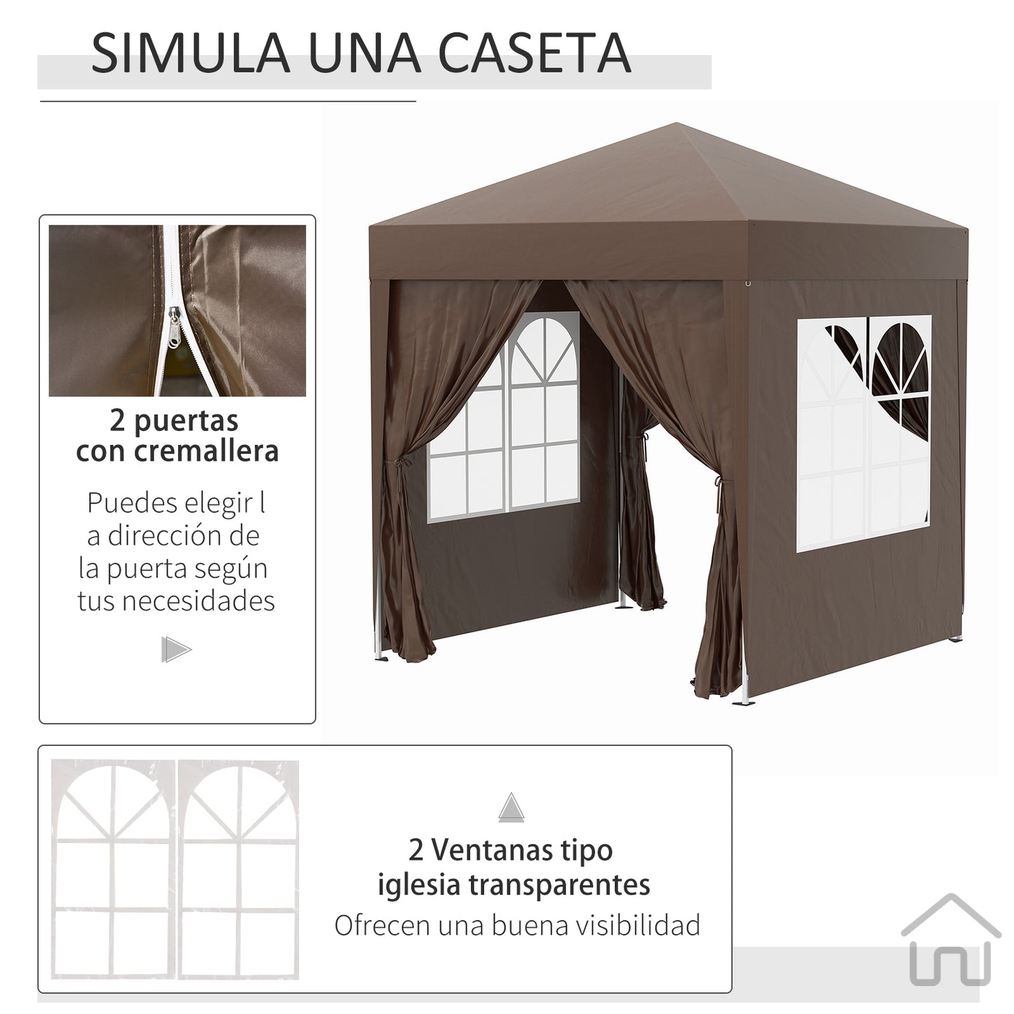 Outsunny Carpa Plegable Gazebo 2x2 m Cenador de Jardín con 4 Paredes Laterales Tela Oxford 2 Puertas 2 Ventanas y Bolsa de Transporte Impermeable para Exterior Terraza Camping Fiestas Marrón