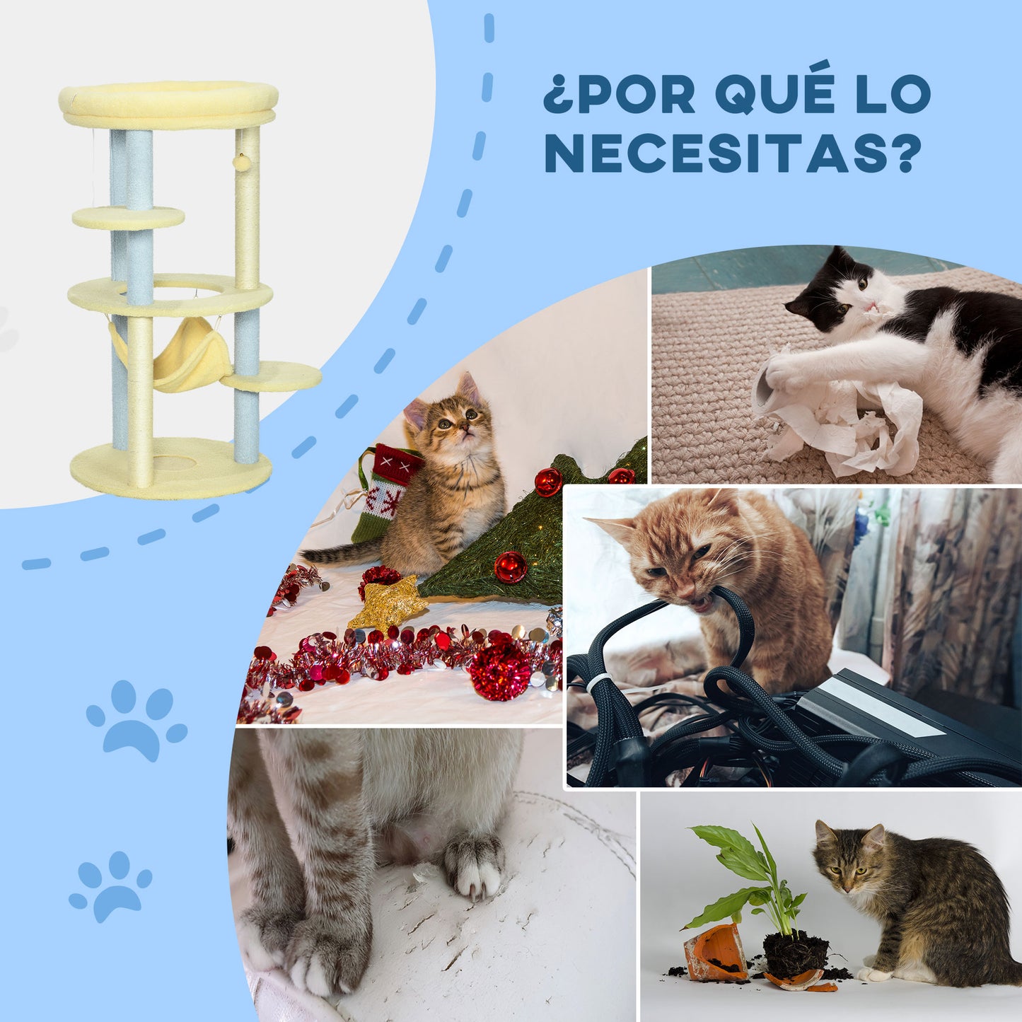 PawHut Árbol Rascador para Gatos Mediano 110 cm Torre para Gatos Centro de Actividades para Gatitos con Hamaca Poste de Sisal y Bola Colgante Ø58x110 cm Amarillo y Azul