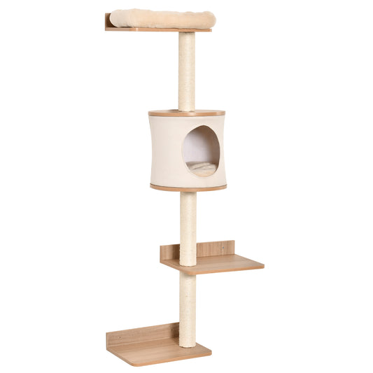 PawHut Árbol para Gatos de Pared 38x30x149 cm con Múltiples Plataformas de Madera Cueva Cama Superior Cojín Extraíble Postes Rascadores de Sisal Torre para Escalar Beige y Roble