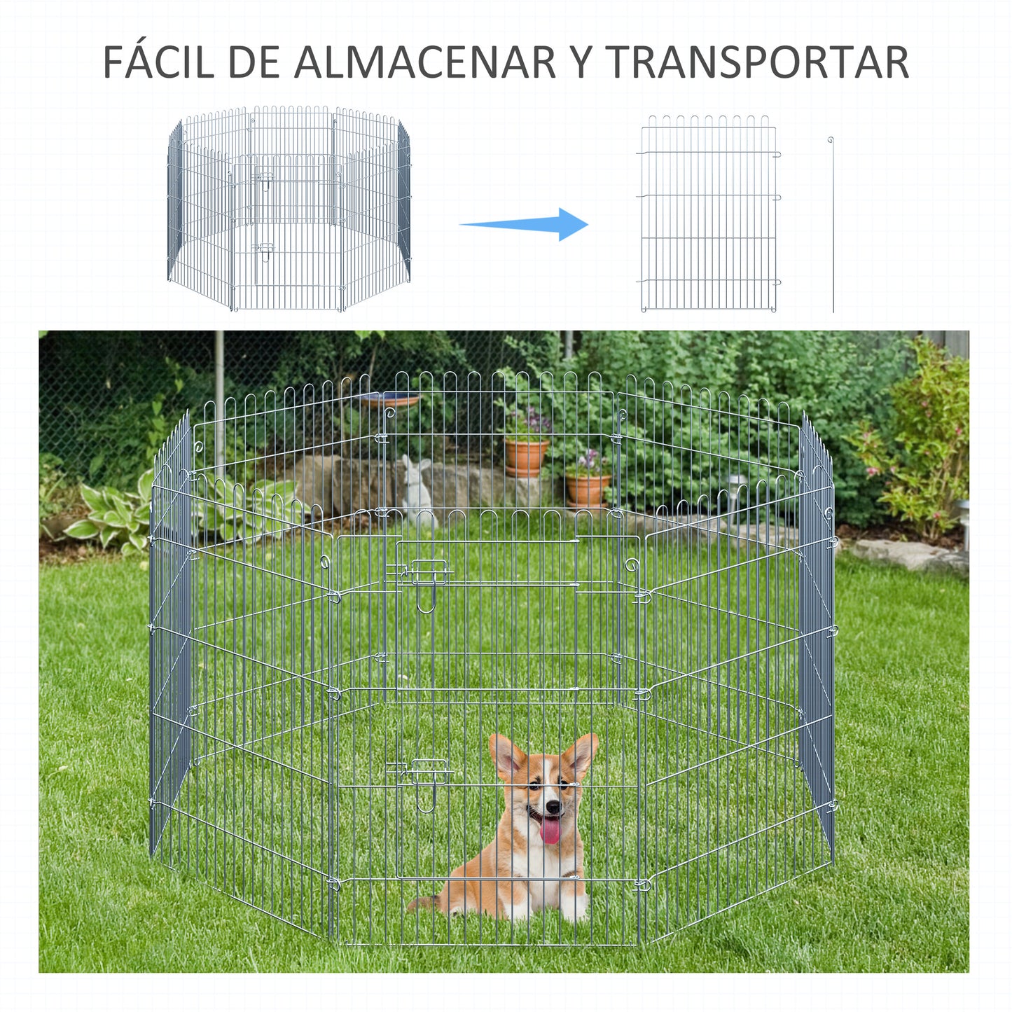 PawHut Parque para Perros de 8 Piezas 63x91 cm Vallas para Perros Plegables con 1 Puerta y Marco de Acero para Jardín Patio Plata