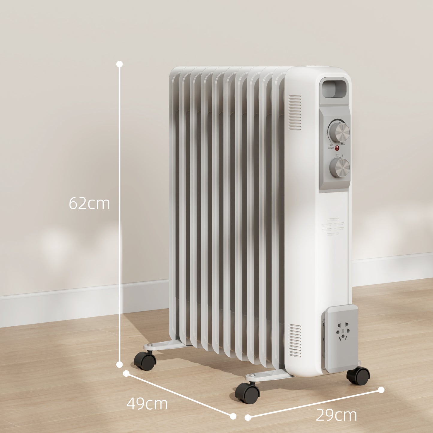 HOMCOM Radiador de Aceite Silencioso de 11 Elementos 2500W Radiador de Aceite Bajo Consumo con Temperatura Ajustable Protección contra Sobrecalentamiento 3 Configuraciones de Calor para 25 m² Blanco