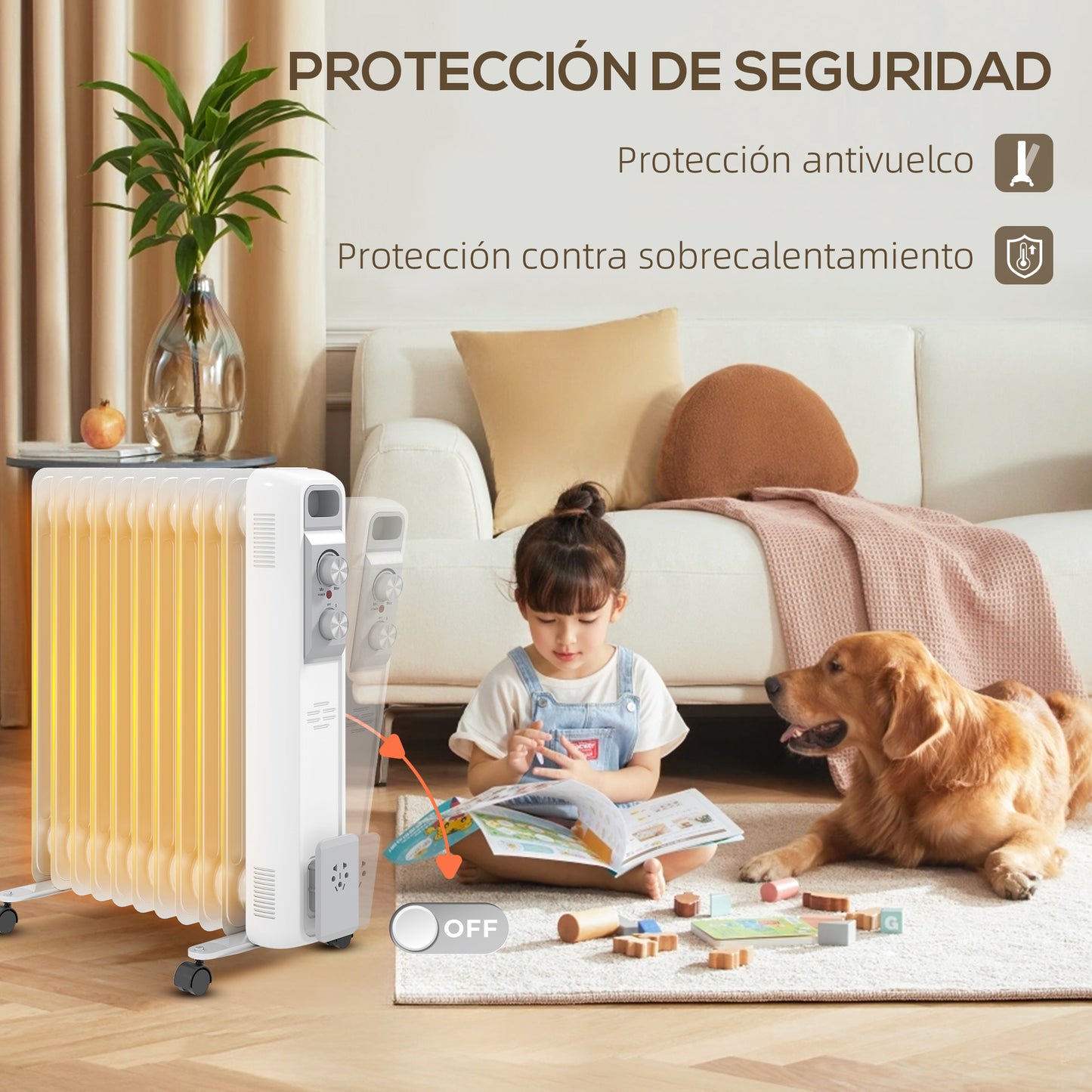 HOMCOM Radiador de Aceite Silencioso de 11 Elementos 2500W Radiador de Aceite Bajo Consumo con Temperatura Ajustable Protección contra Sobrecalentamiento 3 Configuraciones de Calor para 25 m² Blanco