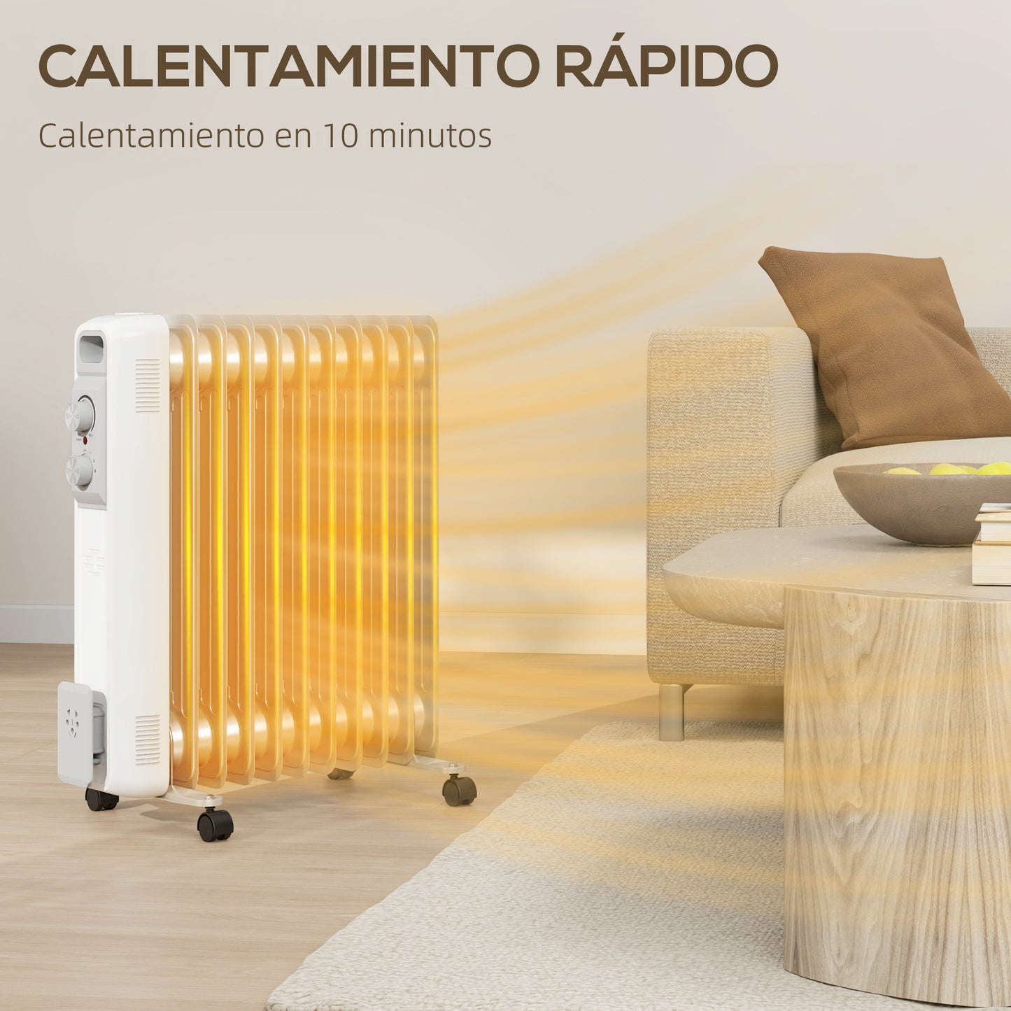 HOMCOM Radiador de Aceite Silencioso de 11 Elementos 2500W Radiador de Aceite Bajo Consumo con Temperatura Ajustable Protección contra Sobrecalentamiento 3 Configuraciones de Calor para 25 m² Blanco