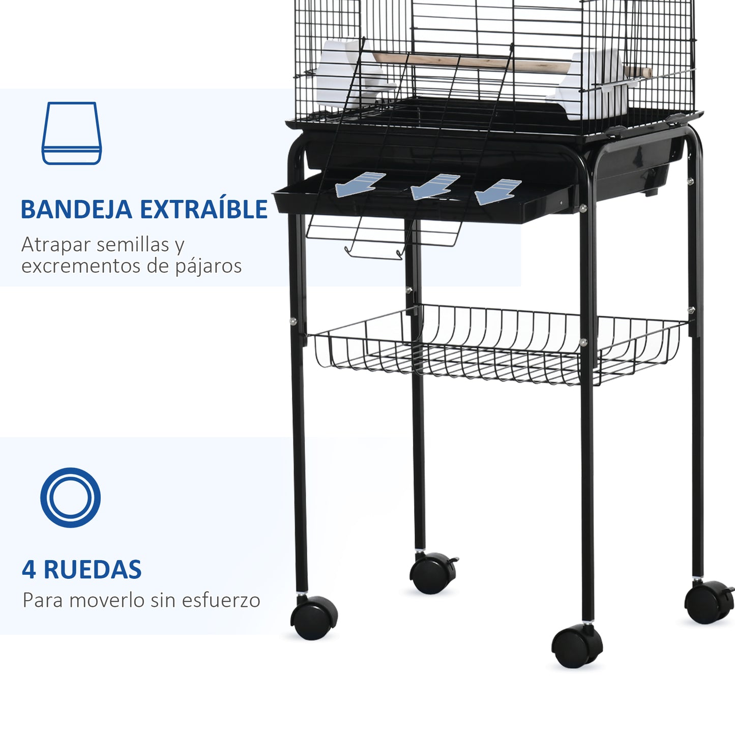 PawHut Jaula para Pájaros con Soporte Jaula de Aves Canarios con 4 Ruedas Techo Abrible 2 Comederos 3 Perchas Bandeja Extraíble y Estante Inferior 46x36x130 cm Negro