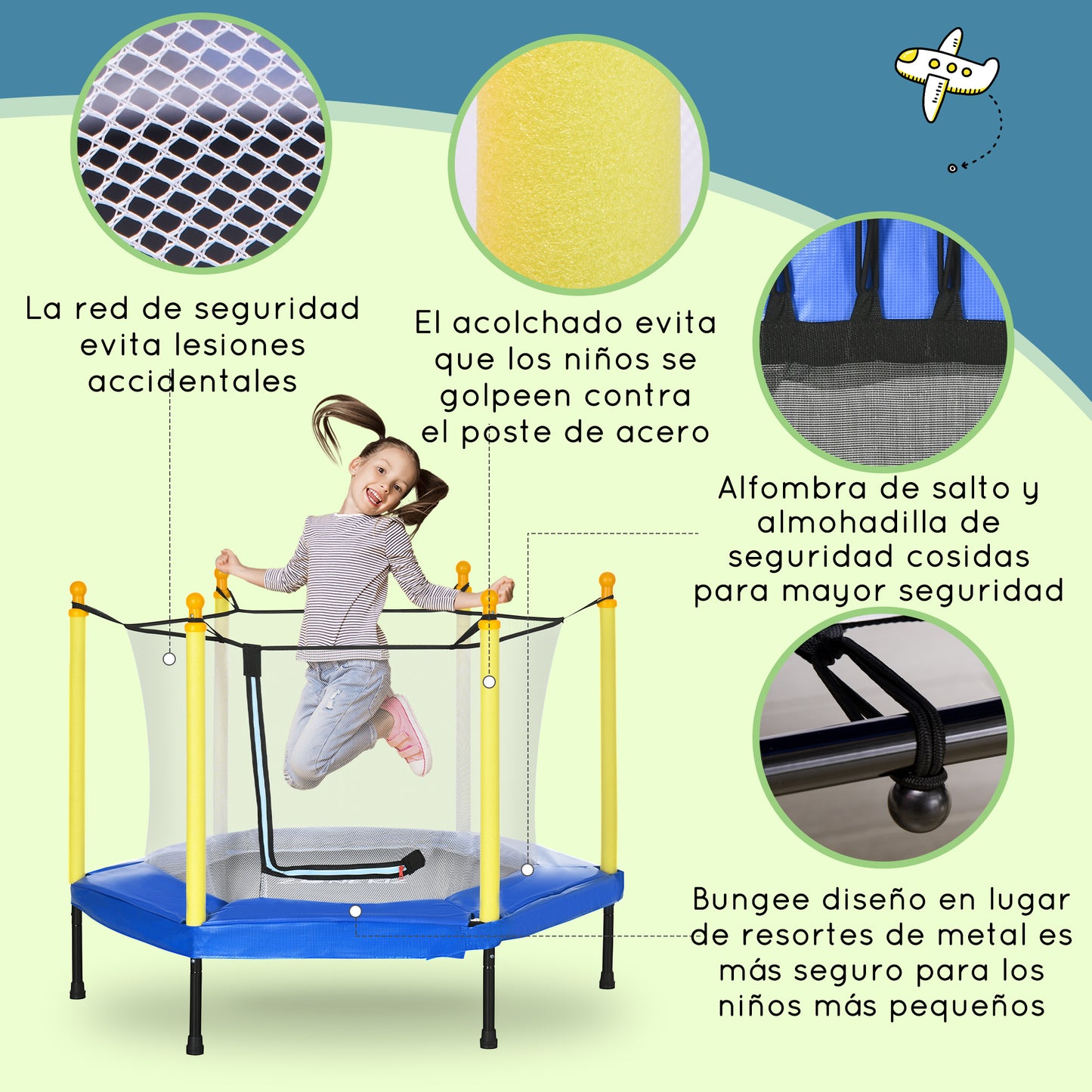 ZONEKIZ Cama Elástica para Niños con Red de Seguridad Trampolín Infantil para Niños de 3-6 Años para Interior Carga 50 kg 122x122x97 cm Azul