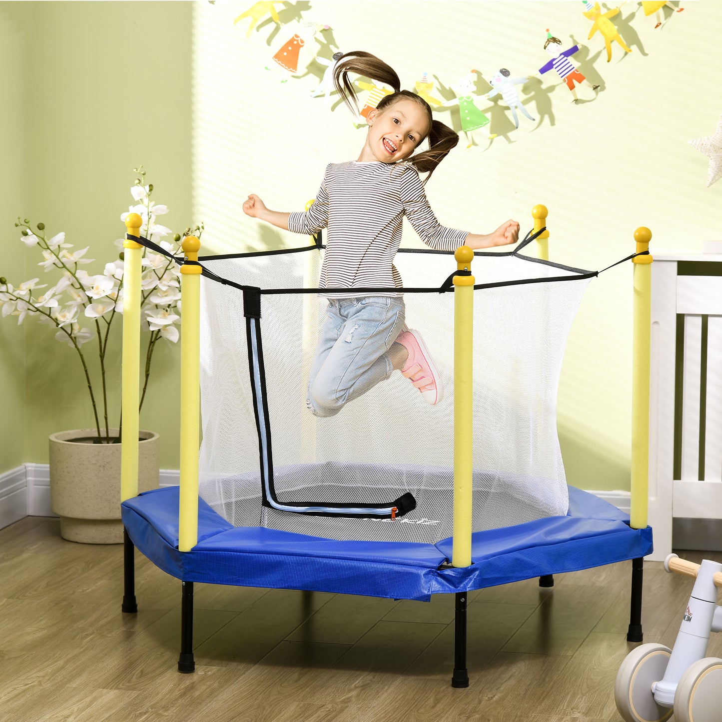 ZONEKIZ Cama Elástica para Niños con Red de Seguridad Trampolín Infantil para Niños de 3-6 Años para Interior Carga 50 kg 122x122x97 cm Azul