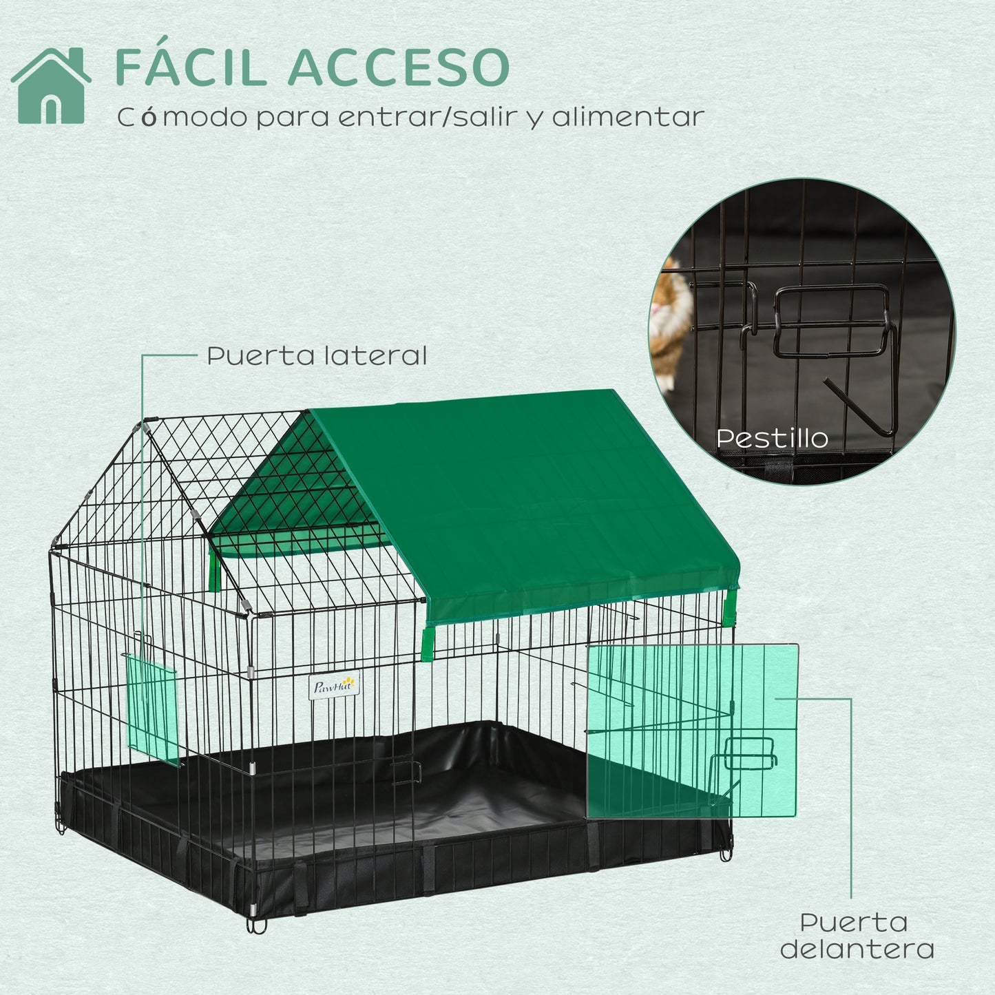 PawHut Jaula para Animales Pequeños Parque para Mascotas con 2 Puertas Toldo y Base con Tela Oxford Impermeable para Interior y Exterior 90x75x75 cm Negro y Verde