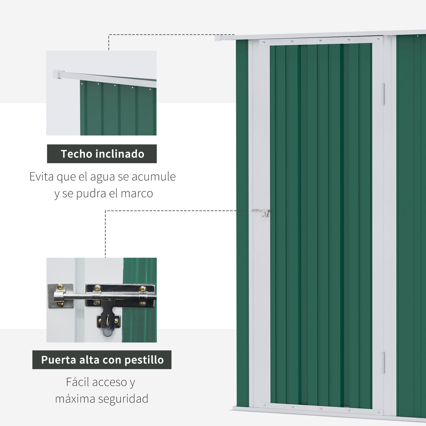 Outsunny Caseta de Jardín 1,07 m² 142x84x189 cm Cobertizo Exterior Metálico con Puerta Cerradura y Orificios de Drenaje para Almacenamiento de Herramientas Verde