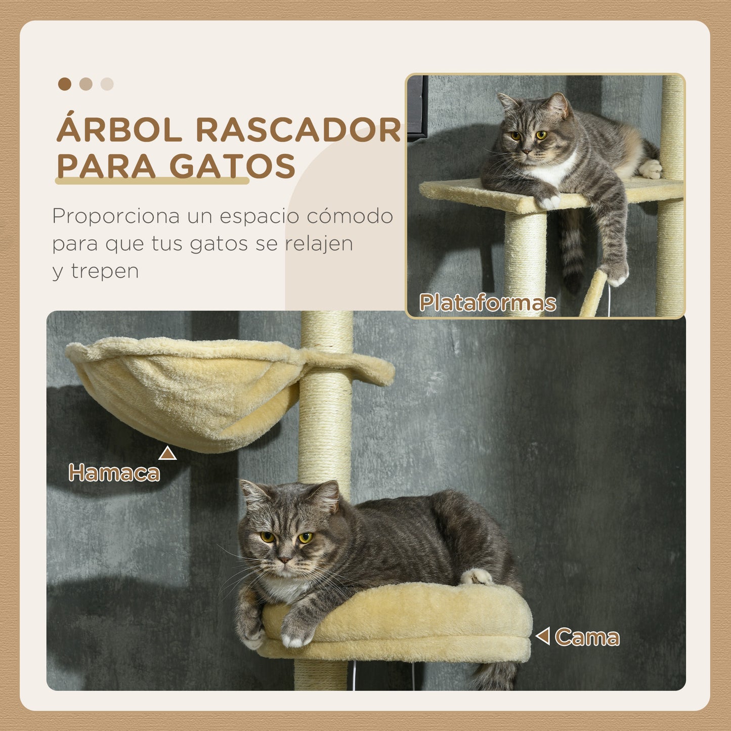 PawHut Árbol para Gatos de Suelo a Techo de 230-250 cm Árbol Rascador para Gatos con Altura Ajustable Múltiples Plataformas Cestos Hamaca Bolas Colgantes Beige