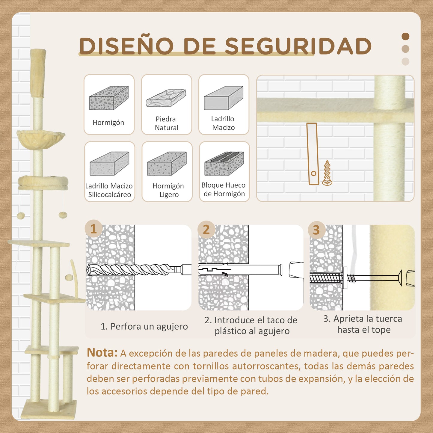 PawHut Árbol para Gatos de Suelo a Techo de 230-250 cm Árbol Rascador para Gatos con Altura Ajustable Múltiples Plataformas Cestos Hamaca Bolas Colgantes Beige