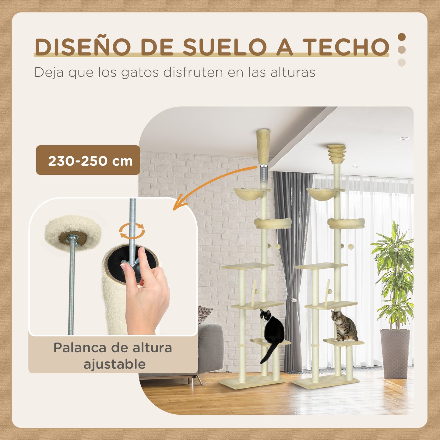 PawHut Árbol para Gatos de Suelo a Techo de 230-250 cm Árbol Rascador para Gatos con Altura Ajustable Múltiples Plataformas Cestos Hamaca Bolas Colgantes Beige