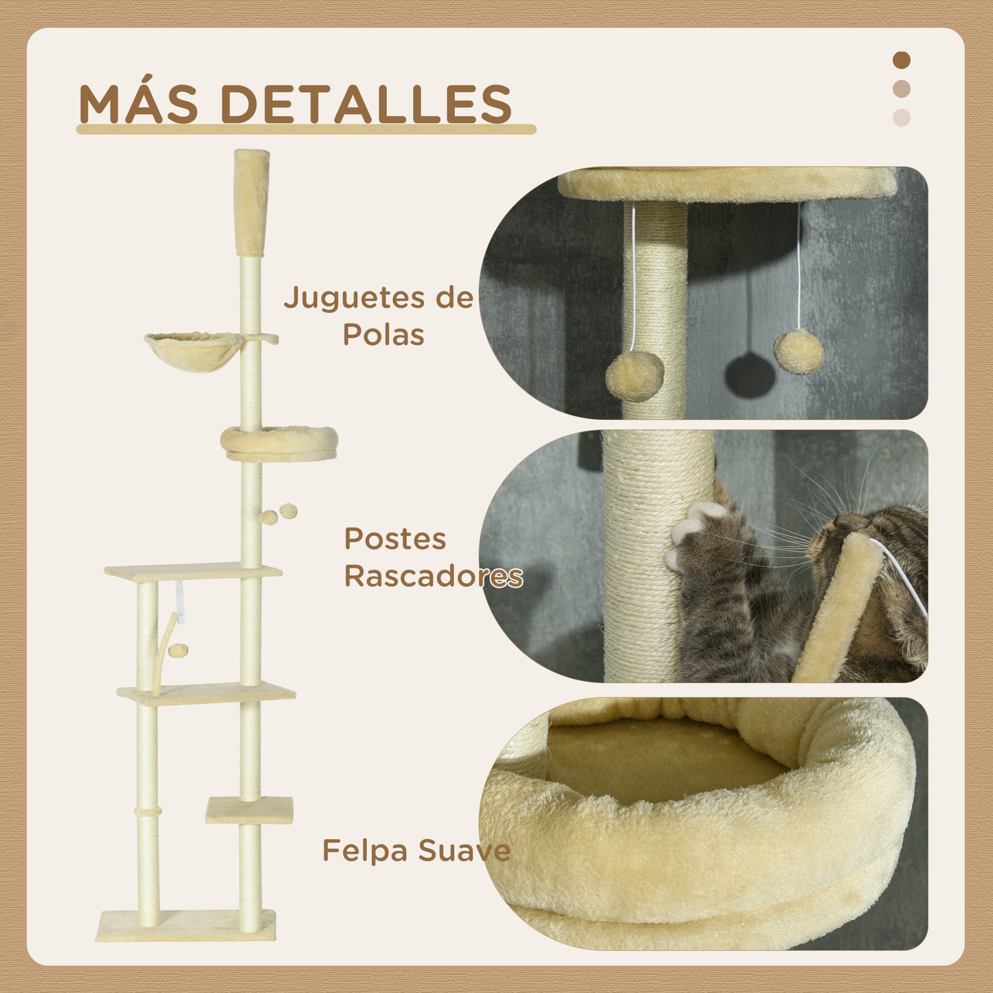 PawHut Árbol para Gatos de Suelo a Techo de 230-250 cm Árbol Rascador para Gatos con Altura Ajustable Múltiples Plataformas Cestos Hamaca Bolas Colgantes Beige