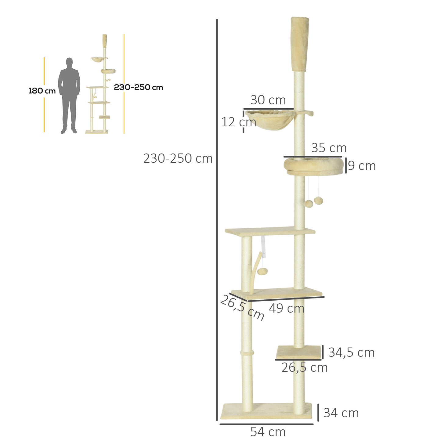 PawHut Árbol para Gatos de Suelo a Techo de 230-250 cm Árbol Rascador para Gatos con Altura Ajustable Múltiples Plataformas Cestos Hamaca Bolas Colgantes Beige