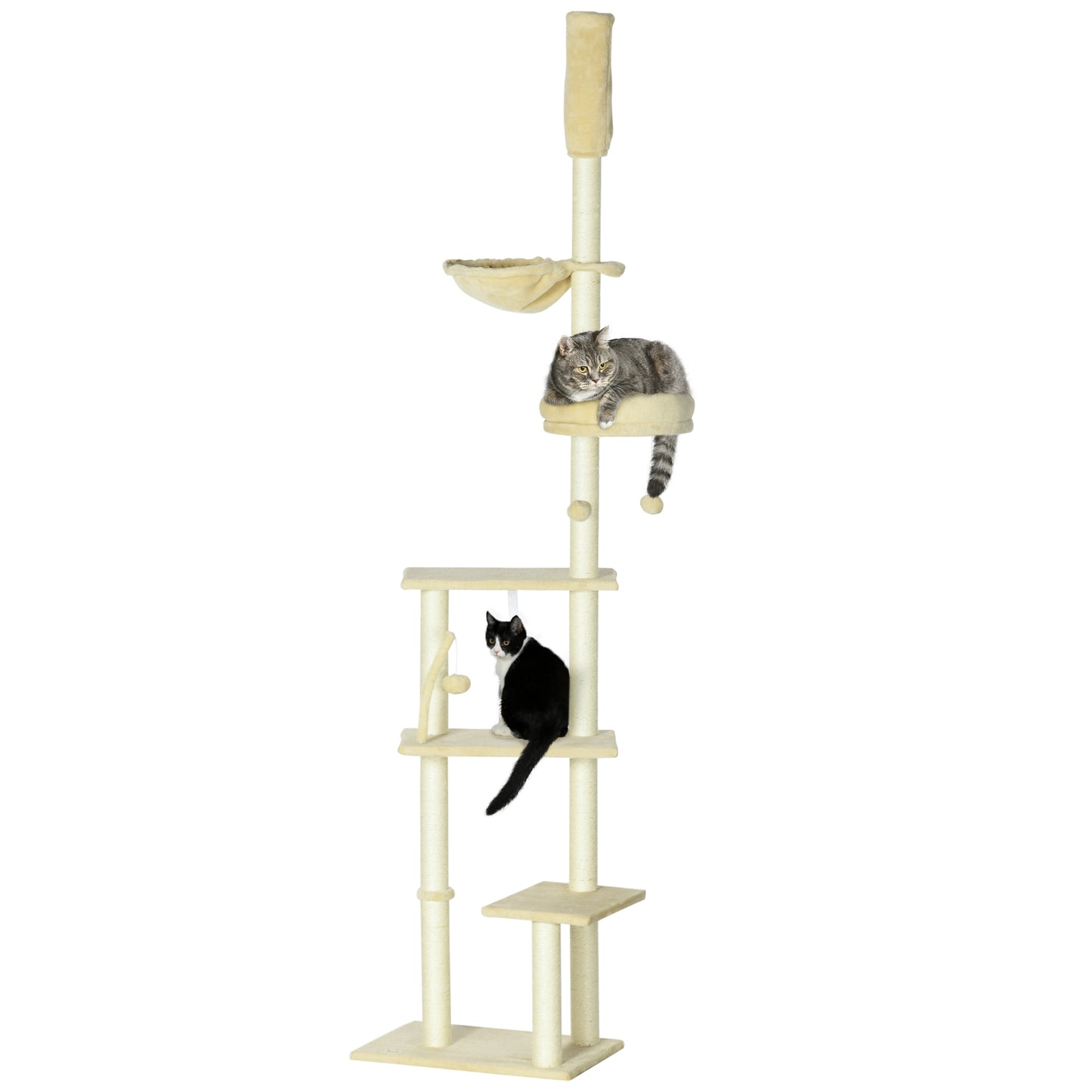 PawHut Árbol para Gatos de Suelo a Techo de 230-250 cm Árbol Rascador para Gatos con Altura Ajustable Múltiples Plataformas Cestos Hamaca Bolas Colgantes Beige