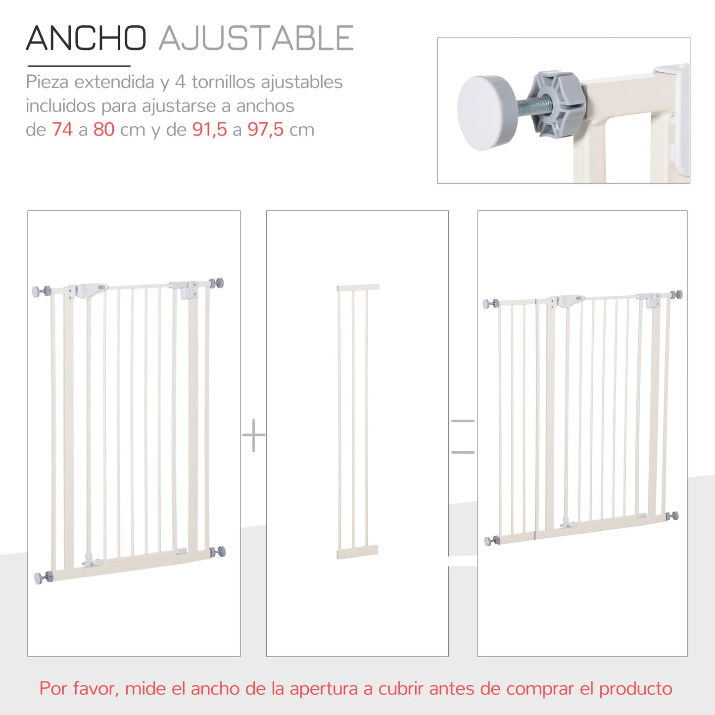 PawHut Barrera de Seguridad para Puertas y Escaleras Barrera para Perros Mascotas con Cierre Automático Extensión 17,5 cm Montaje sin Agujeros Metal 74-80/91,5-97,5x104,1 cm Blanco