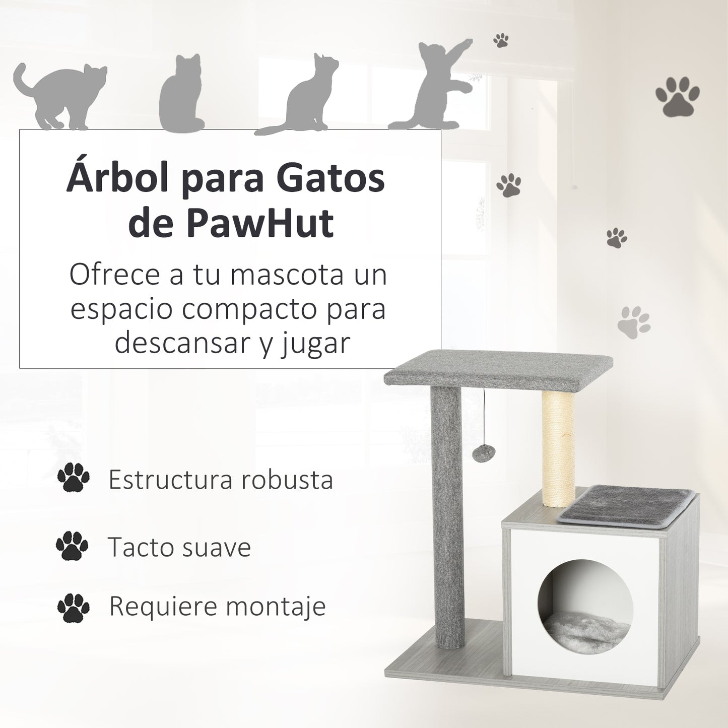 PawHut Árbol para Gatos 59x39x62 cm Rascador para Gatos de 3 Niveles con Plataformas Postes de Rascado Cueva de Madera Espaciosa Cojines Extraíbles Suaves Bola de Juguete Gris