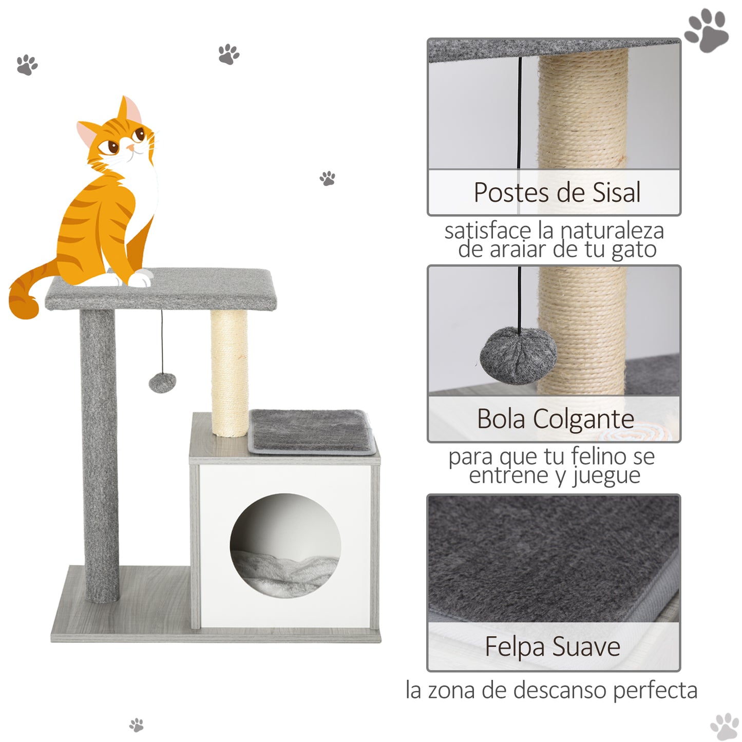 PawHut Árbol para Gatos 59x39x62 cm Rascador para Gatos de 3 Niveles con Plataformas Postes de Rascado Cueva de Madera Espaciosa Cojines Extraíbles Suaves Bola de Juguete Gris