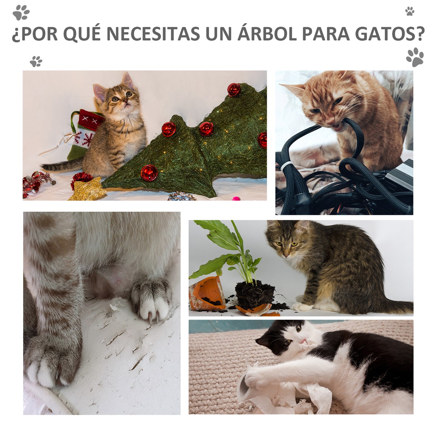 PawHut Árbol para Gatos 59x39x62 cm Rascador para Gatos de 3 Niveles con Plataformas Postes de Rascado Cueva de Madera Espaciosa Cojines Extraíbles Suaves Bola de Juguete Gris