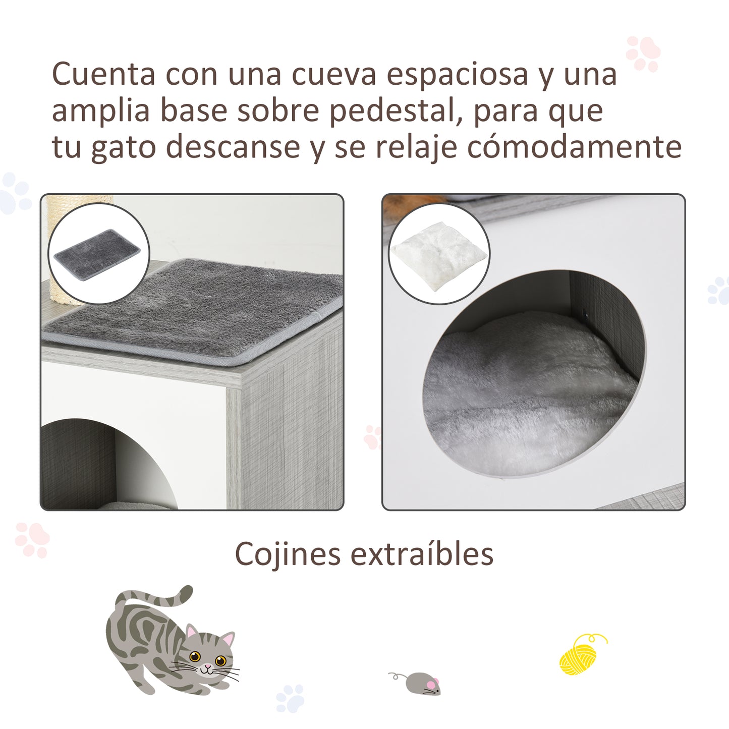 PawHut Árbol para Gatos 59x39x62 cm Rascador para Gatos de 3 Niveles con Plataformas Postes de Rascado Cueva de Madera Espaciosa Cojines Extraíbles Suaves Bola de Juguete Gris