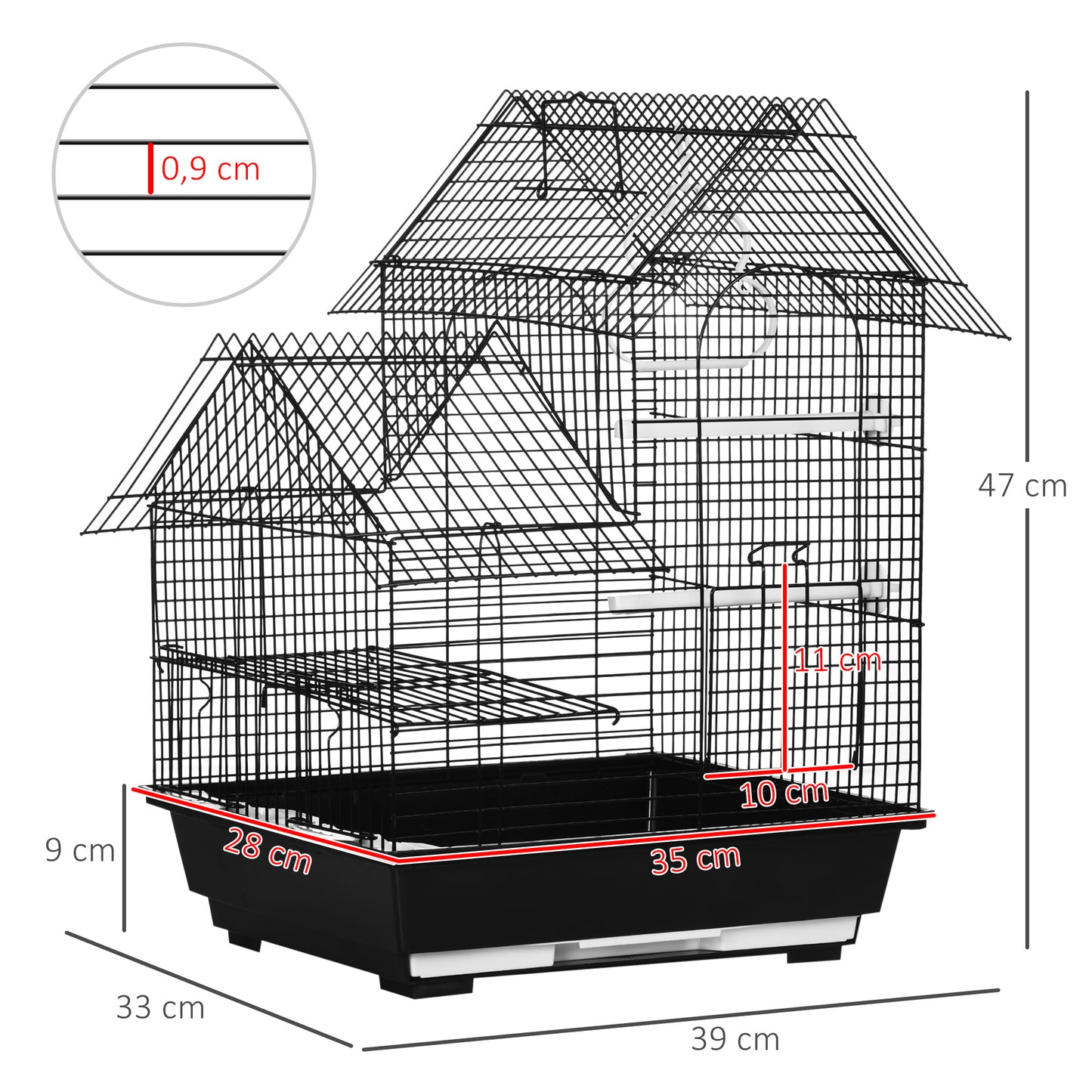 PawHut Jaula para Pájaros 39x33x47 cm Pajarera Metálica con 3 Puertas 2 Comederos 2 Perchas Columpio Bandeja Extraíble y Asa de Transporte para Canarios Negro