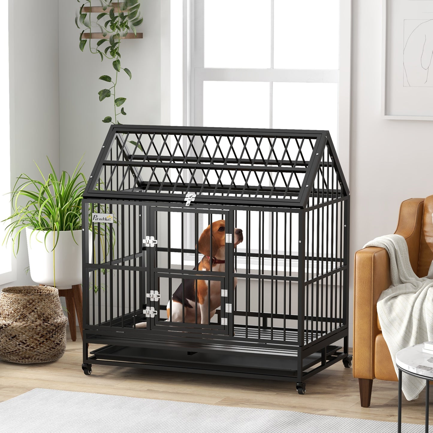 PawHut Jaula para Perros Grandes 123x74x125 cm Perrera Metálica con Ruedas Bandeja Extraíble Cerraduras 2 Puertas Frontal 1 Puerta en Techo y Marco de Acero Negro