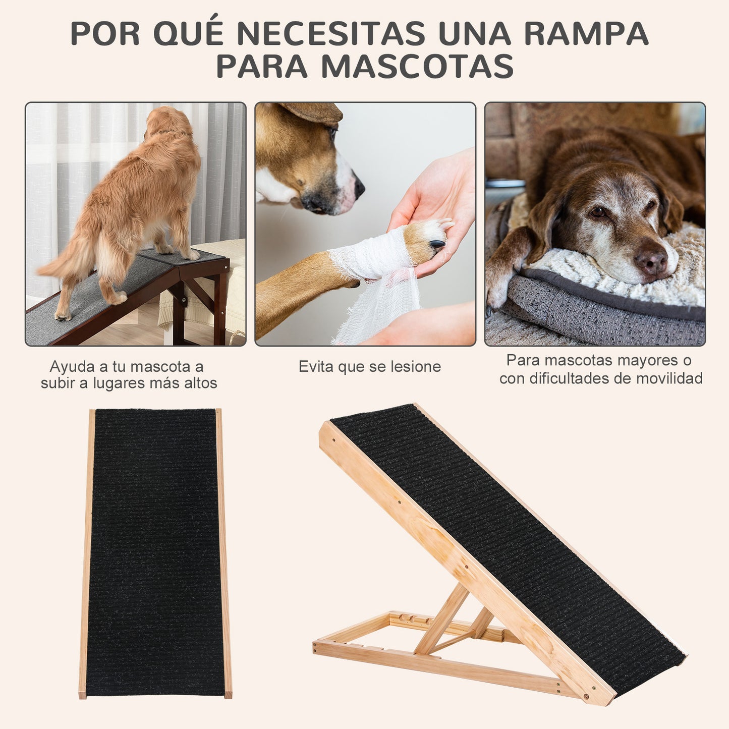 PawHut Rampa Plegable para Perros y Gatos de Madera con Altura Ajustable de 4 Niveles y Alfombra Antideslizante Escaleras de Mascotas para Coche Cama y Sofá 90x40x61 cm Natural