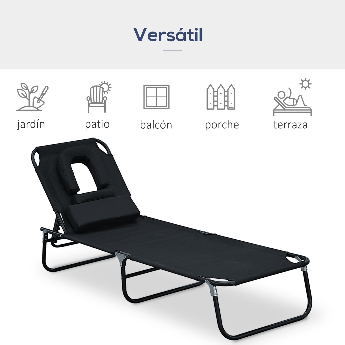 Outsunny Tumbona Plegable Tumbona de Jardín con Respaldo Ajustable en 4 Niveles Almohada Orificio de Lectura y Marco de Acero para Camping Playa Terraza 190x56x28 cm Negro