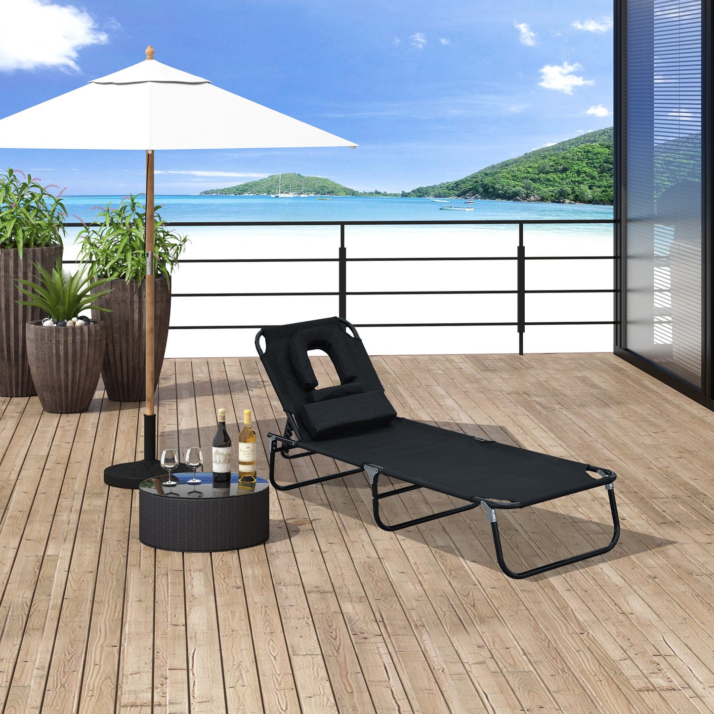 Outsunny Tumbona Plegable Tumbona de Jardín con Respaldo Ajustable en 4 Niveles Almohada Orificio de Lectura y Marco de Acero para Camping Playa Terraza 190x56x28 cm Negro