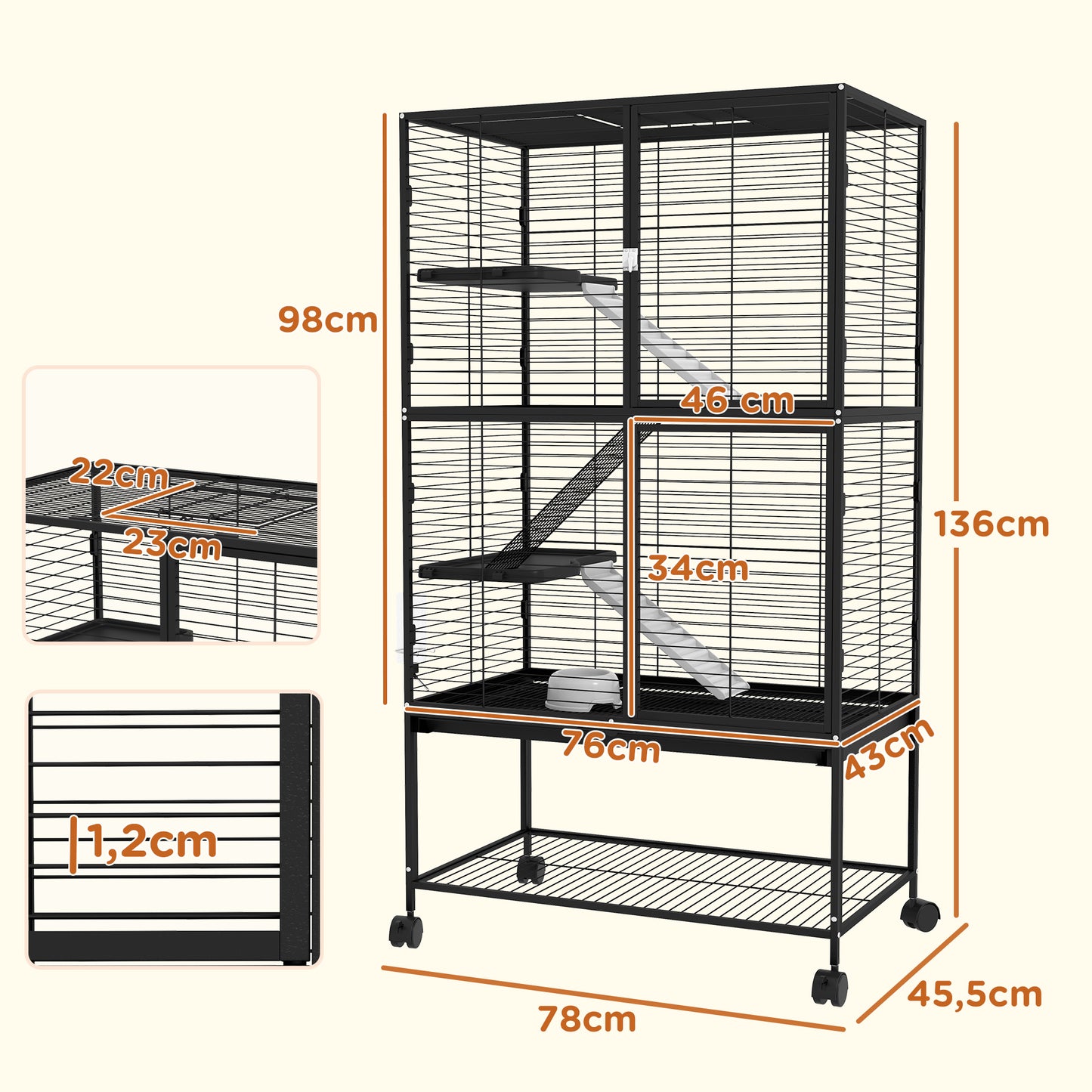 PawHut Jaula para Animales Pequeños de 4 Niveles Jaula para Roedores con Ruedas Rampa Cuenco Botella de Agua y Bandeja Extraíble Recinto para Conejos Chinchillas Hurones 78x45,5x136 cm Negro