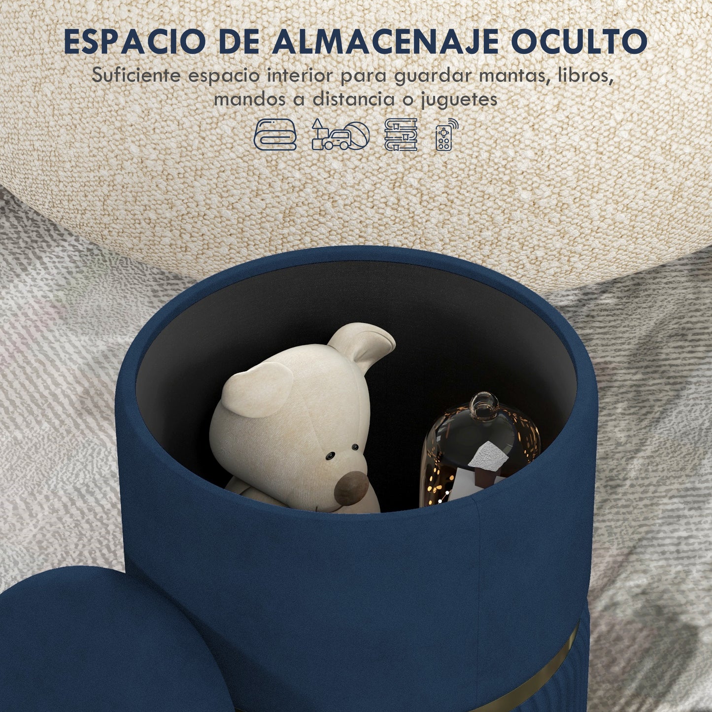 HOMCOM Baúl de Almacenaje para Dormitorio Puff Almacenaje Tapizado en Terciopelo Banco de Almacenaje con Patas Antideslizantes Ø36x44 cm Azul Oscuro