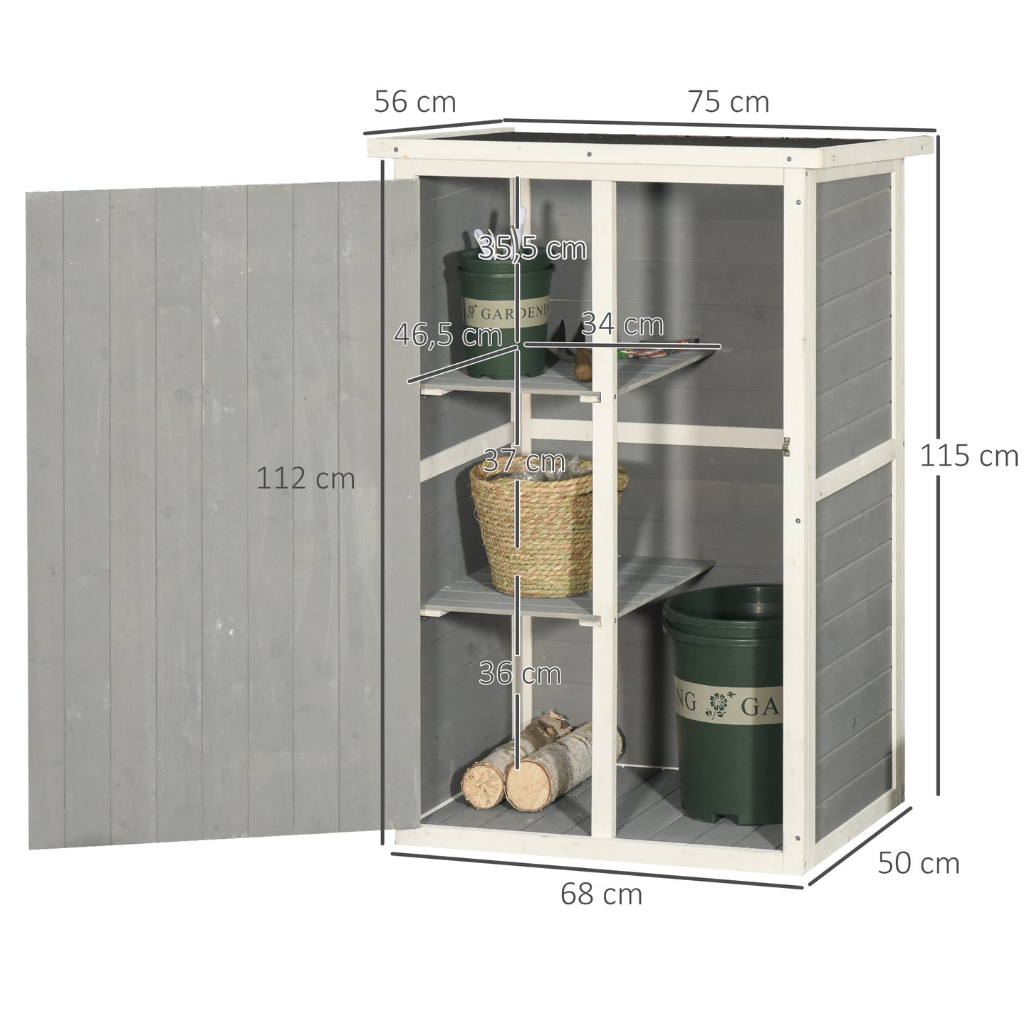 Outsunny Caseta de Jardín de Madera 75x56x115 cm Armario Cobertizo de Exterior para Herramientas con 3 Estantes Interiores Puerta con Pestillo y Techo Asfáltico Gris