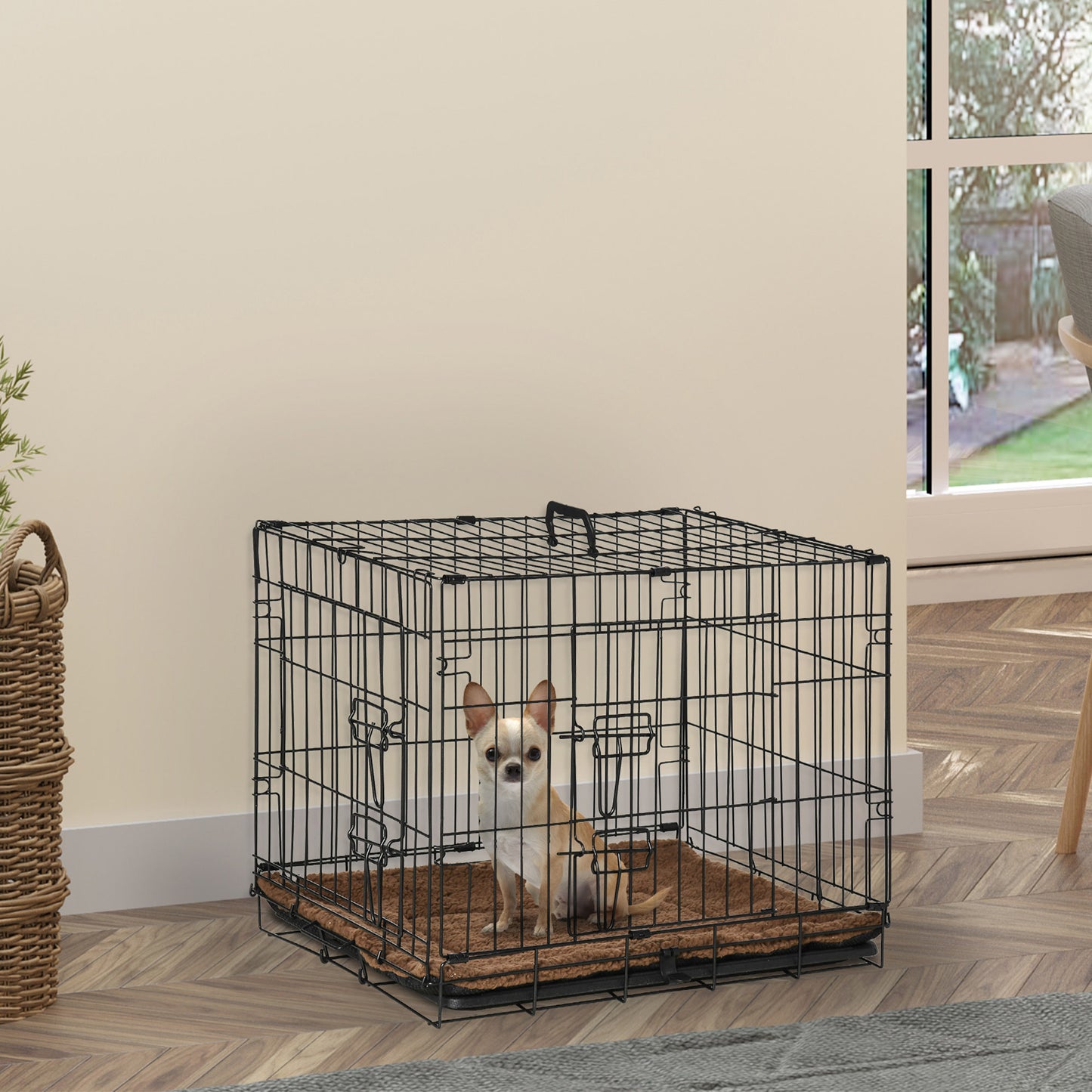 PawHut Jaula de Metal para Perros Plegable 60x43x49,5 cm con 2 Puertas con Pestillos Bandeja Extraíble Cojín Suave y Asa Portátil para transporte Viaje Negro