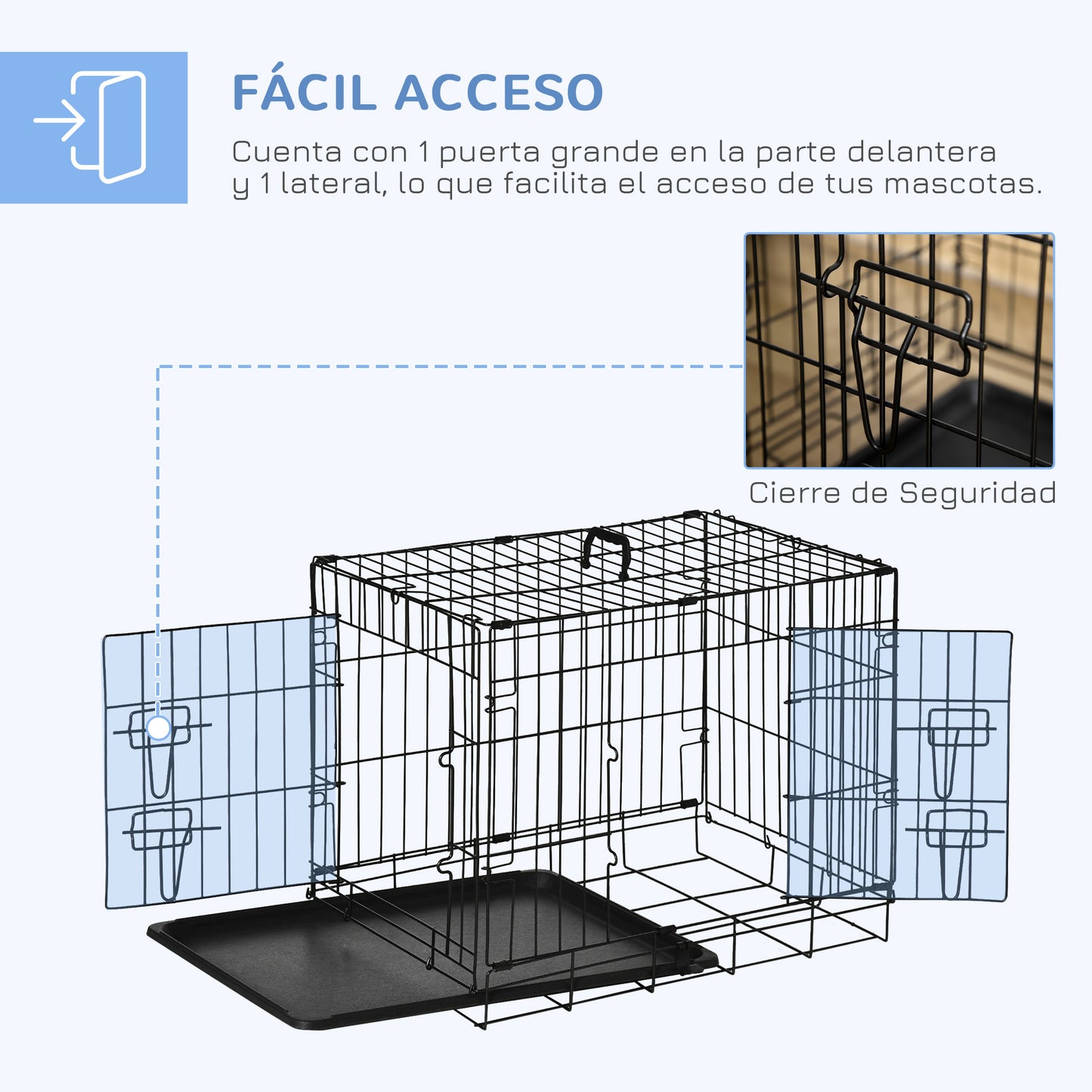 PawHut Jaula de Metal para Perros Plegable 60x43x49,5 cm con 2 Puertas con Pestillos Bandeja Extraíble Cojín Suave y Asa Portátil para transporte Viaje Negro