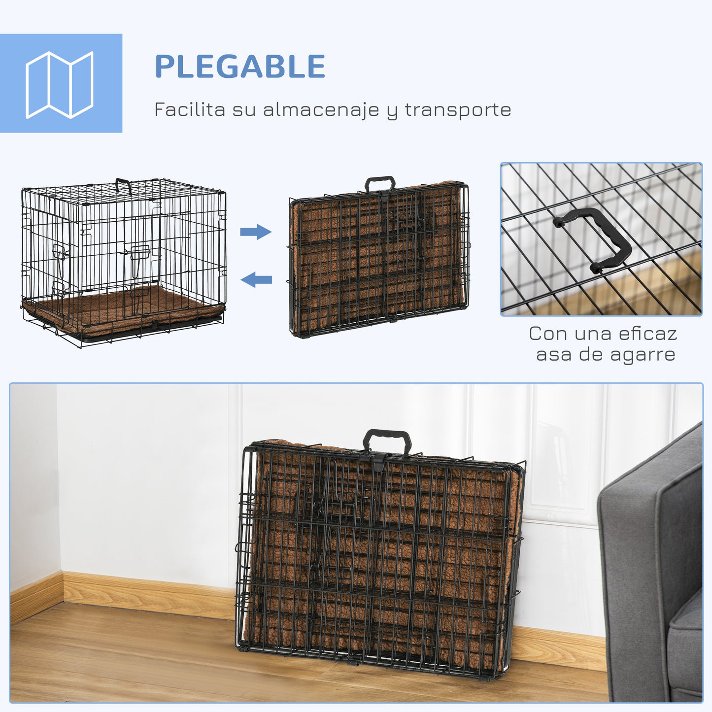 PawHut Jaula de Metal para Perros Plegable 60x43x49,5 cm con 2 Puertas con Pestillos Bandeja Extraíble Cojín Suave y Asa Portátil para transporte Viaje Negro