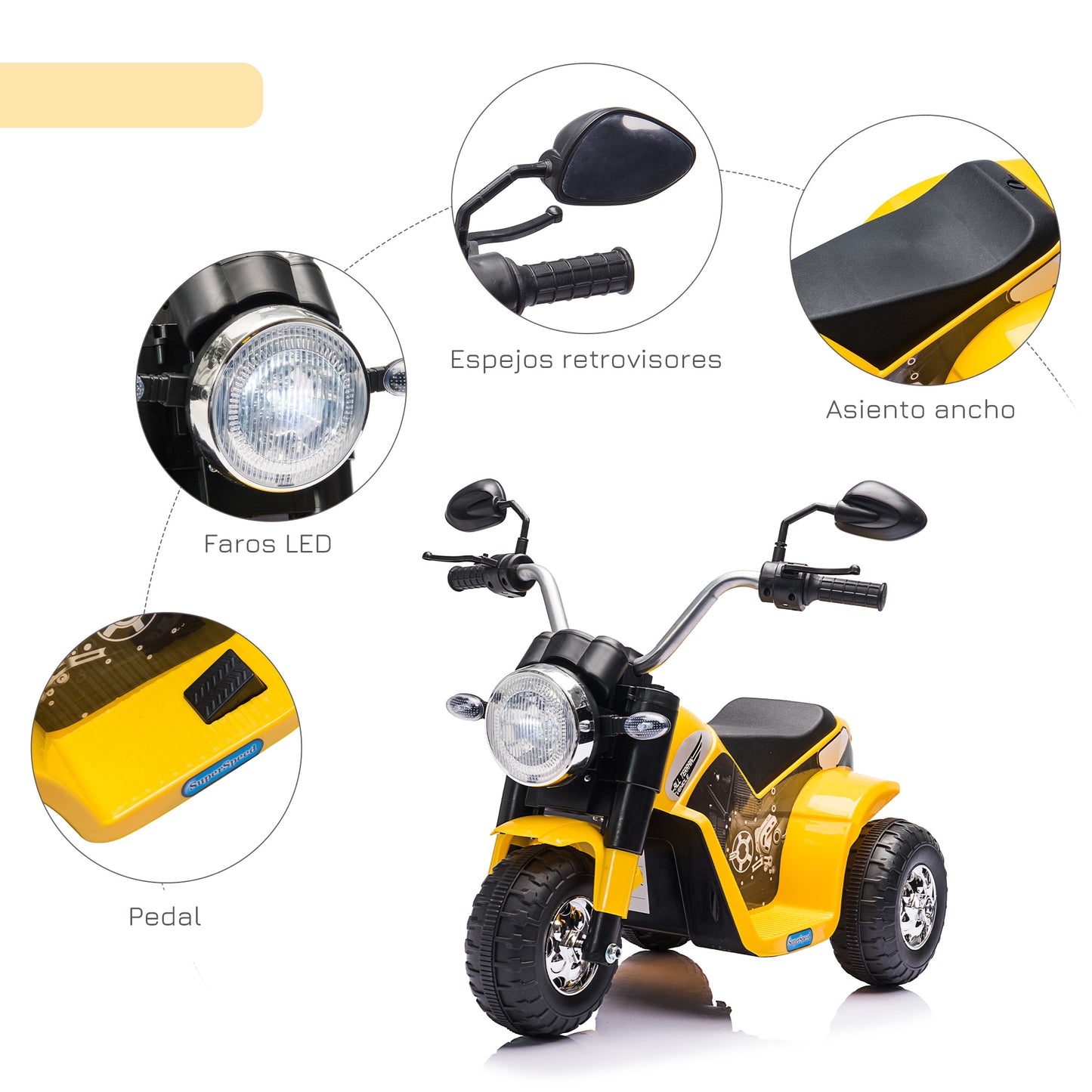 HOMCOM Moto Eléctrica Infantil con 3 Ruedas Moto Eléctrica para Niños de 18-36 Meses Triciclo a Batería 6V con Faro Bocina 72x57x56 cm Amarillo