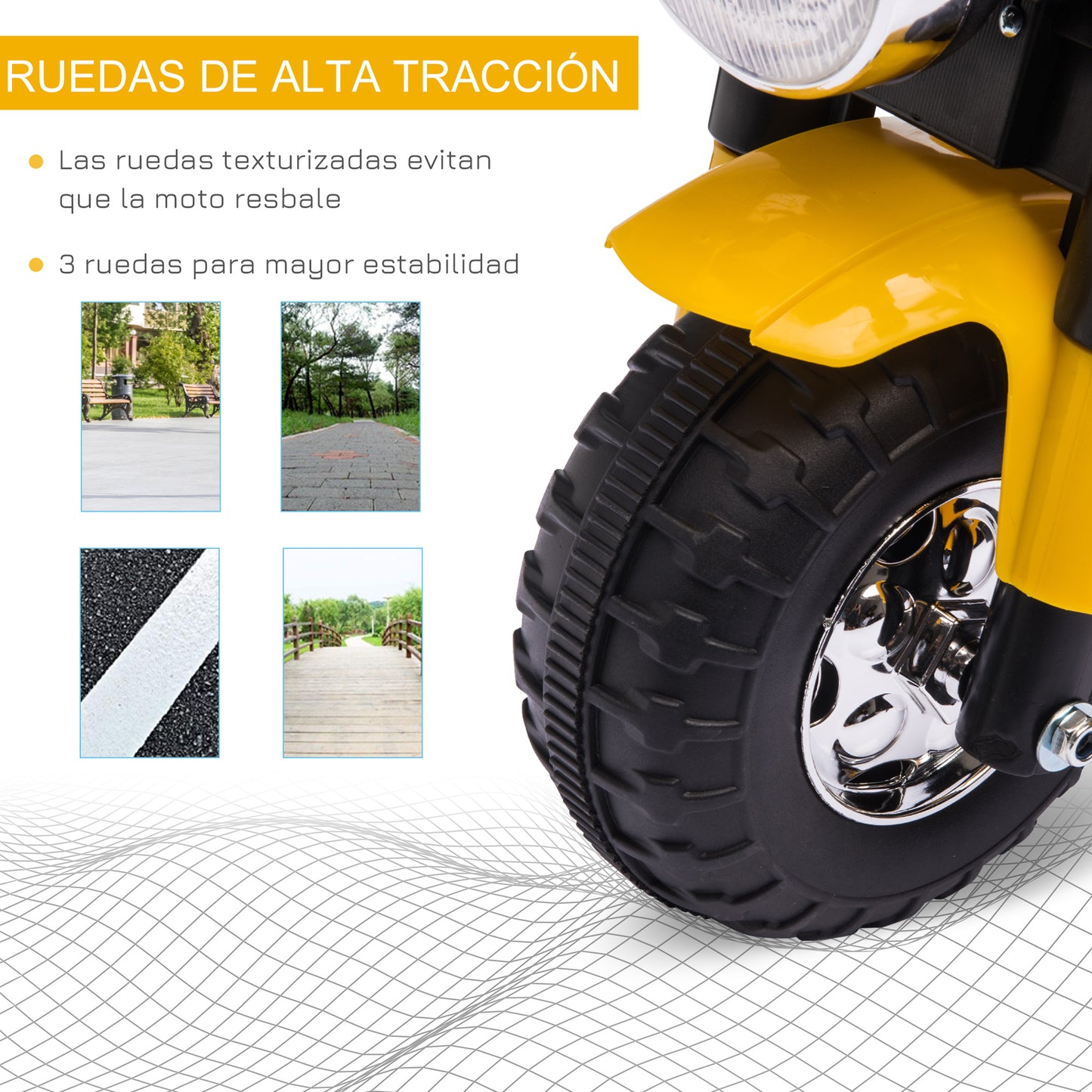 HOMCOM Moto Eléctrica Infantil con 3 Ruedas Moto Eléctrica para Niños de 18-36 Meses Triciclo a Batería 6V con Faro Bocina 72x57x56 cm Amarillo