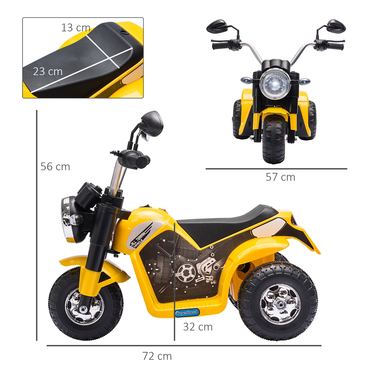 HOMCOM Moto Eléctrica Infantil con 3 Ruedas Moto Eléctrica para Niños de 18-36 Meses Triciclo a Batería 6V con Faro Bocina 72x57x56 cm Amarillo