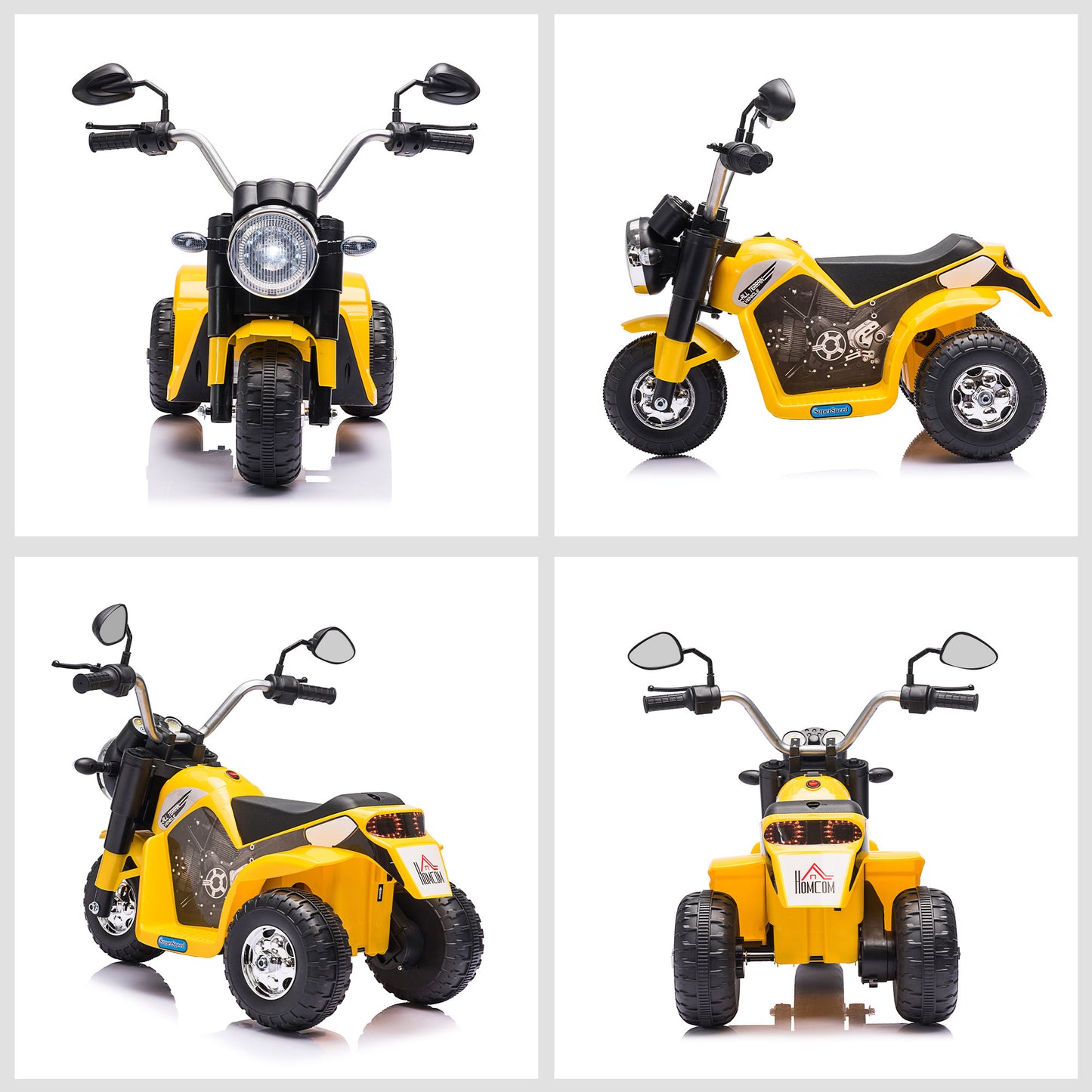 HOMCOM Moto Eléctrica Infantil con 3 Ruedas Moto Eléctrica para Niños de 18-36 Meses Triciclo a Batería 6V con Faro Bocina 72x57x56 cm Amarillo