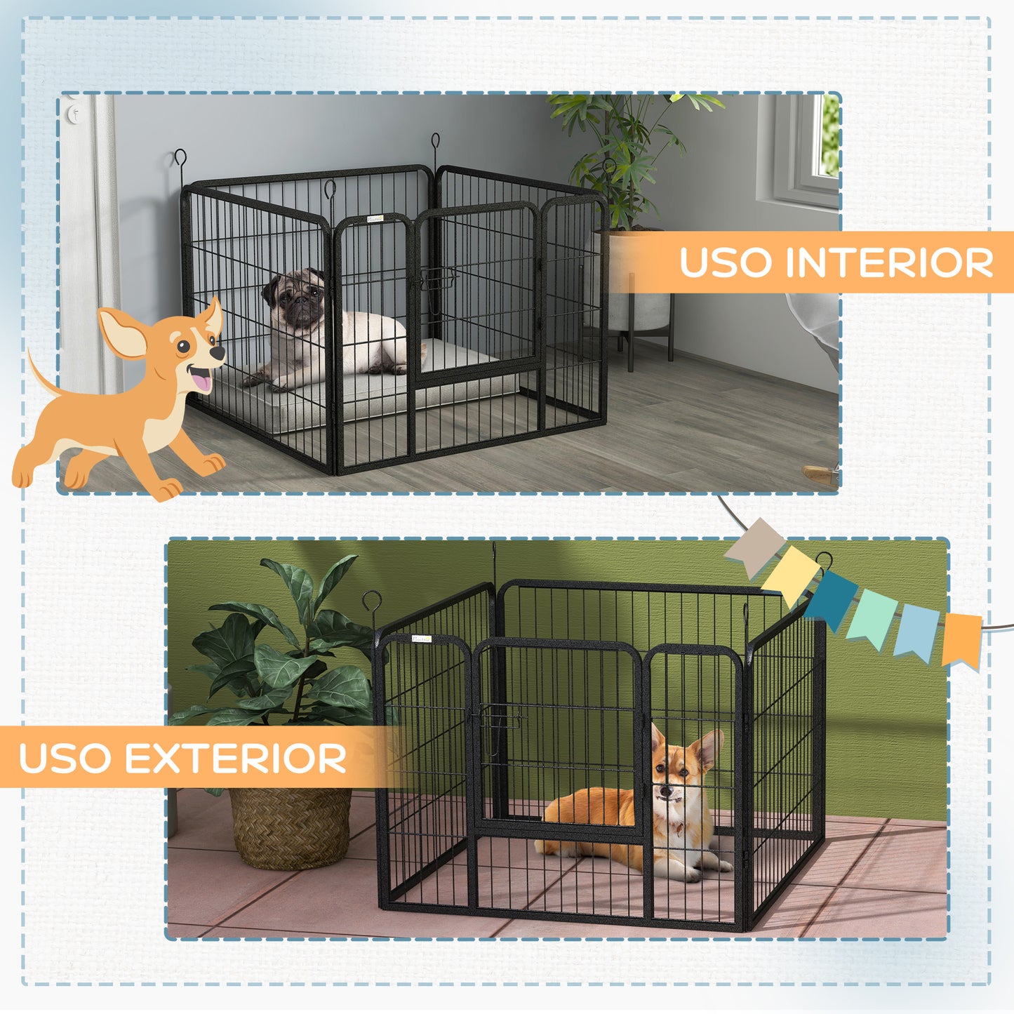 PawHut Parque para Perros de 4 Paneles 82x82x60 cm Parque de Juegos para Mascotas Plegable con Puerta de Pestillo y Marco de Metal para Interior y Exterior Gris