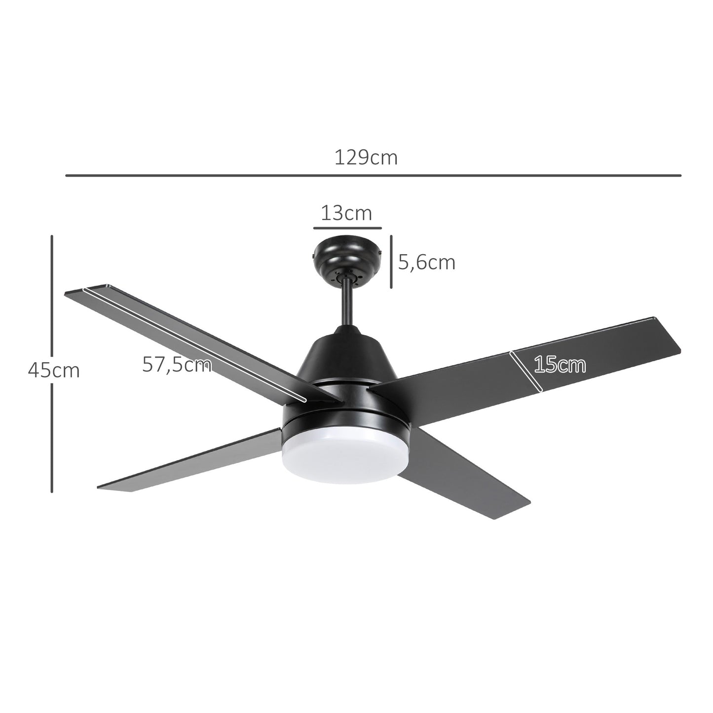 HOMCOM Ventilador de Techo con Luz 46W Ø129 cm Motor DC Ventilador de Techo Silencioso con 4 Aspas Reversibles Mando a Distancia 6 Velocidades y Temporizador para Dormitorio Salón Negro