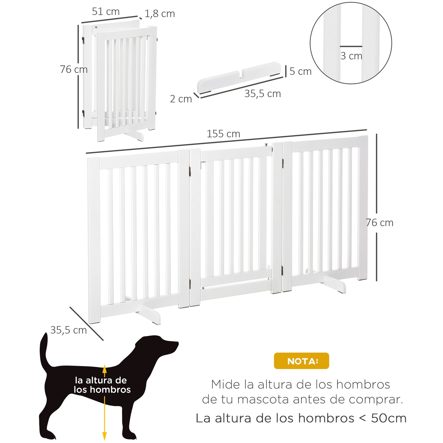 PawHut Barrera para Perros de Madera Valla para Mascotas Plegable de 3 Paneles con 1 Puerta y Patas de Apoyo para Pasillo Escalera 155x35,5x76 cm Blanco